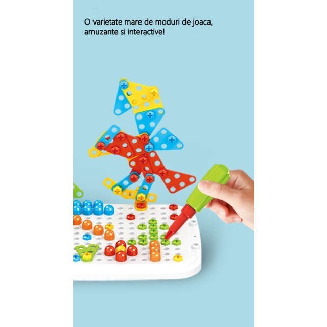 Jucarie educativa pentru copii, Set 258 piese, 6 in 1, Valiza cu bormasina, Multicolor