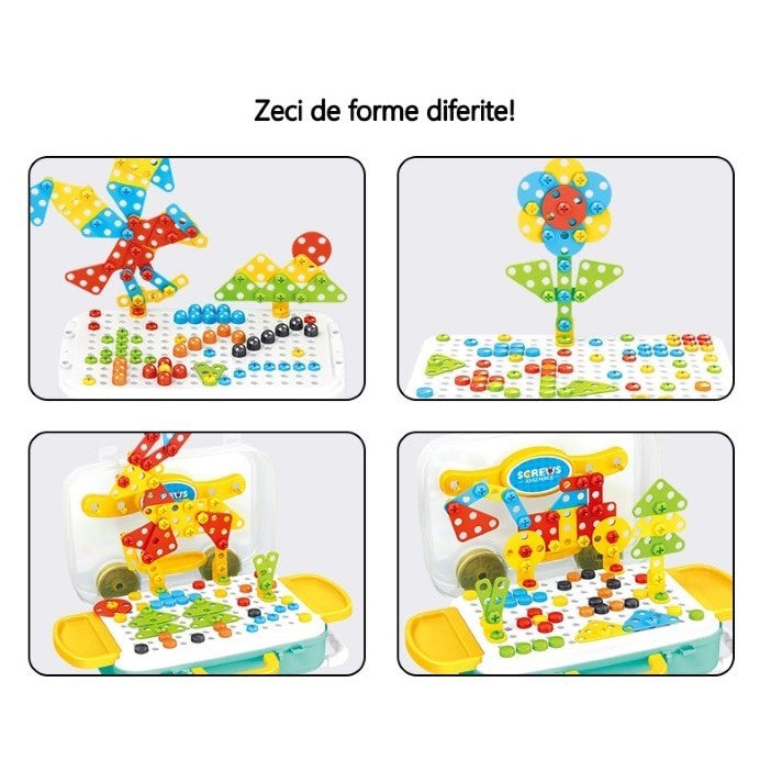 Jucarie educativa pentru copii, Set 258 piese, 6 in 1, Valiza cu bormasina, Multicolor