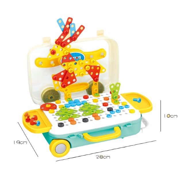 Jucarie educativa pentru copii, Set 258 piese, 6 in 1, Valiza cu bormasina, Multicolor