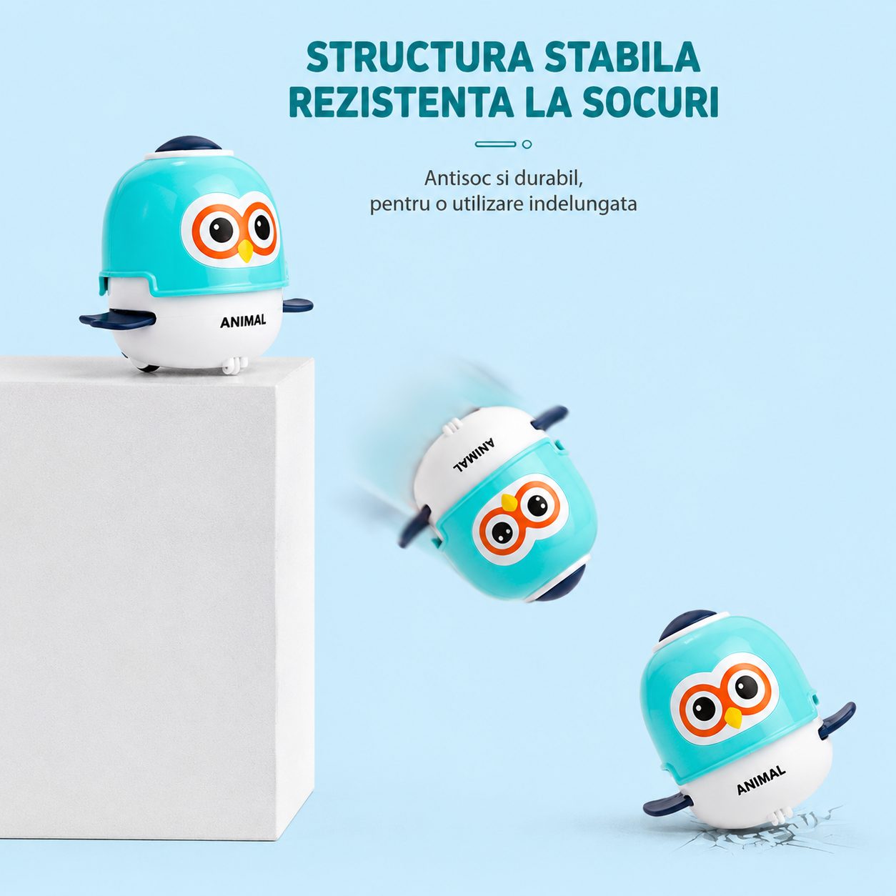 Jucarie Interactiva cu Inertie, Model Bufnita, Sunete si Lumini, pentru Copii 1-3 Ani, Turcoaz