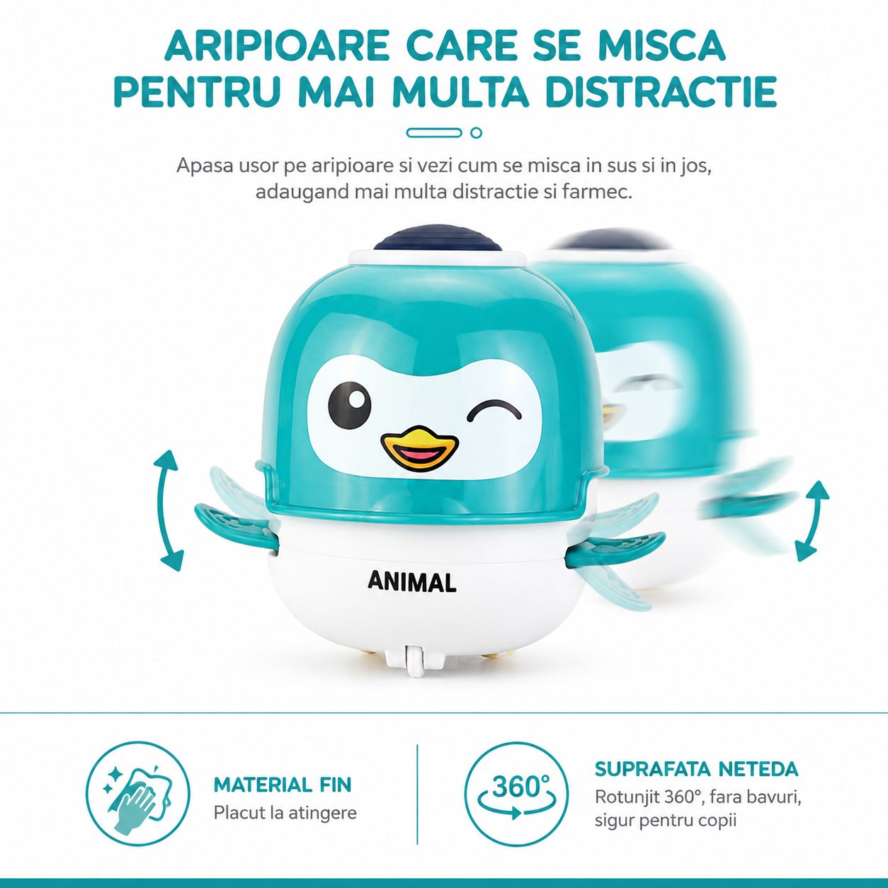 Jucarie Interactiva cu Inertie, Model Bufnita, Sunete si Lumini, pentru Copii 1-3 Ani, Turcoaz