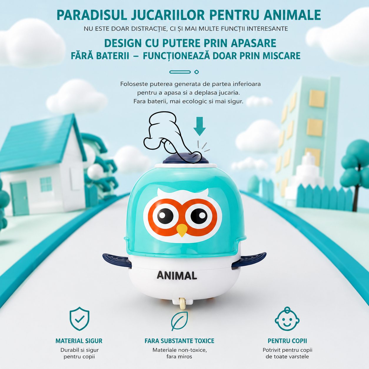 Jucarie Interactiva cu Inertie, Model Bufnita, Sunete si Lumini, pentru Copii 1-3 Ani, Turcoaz