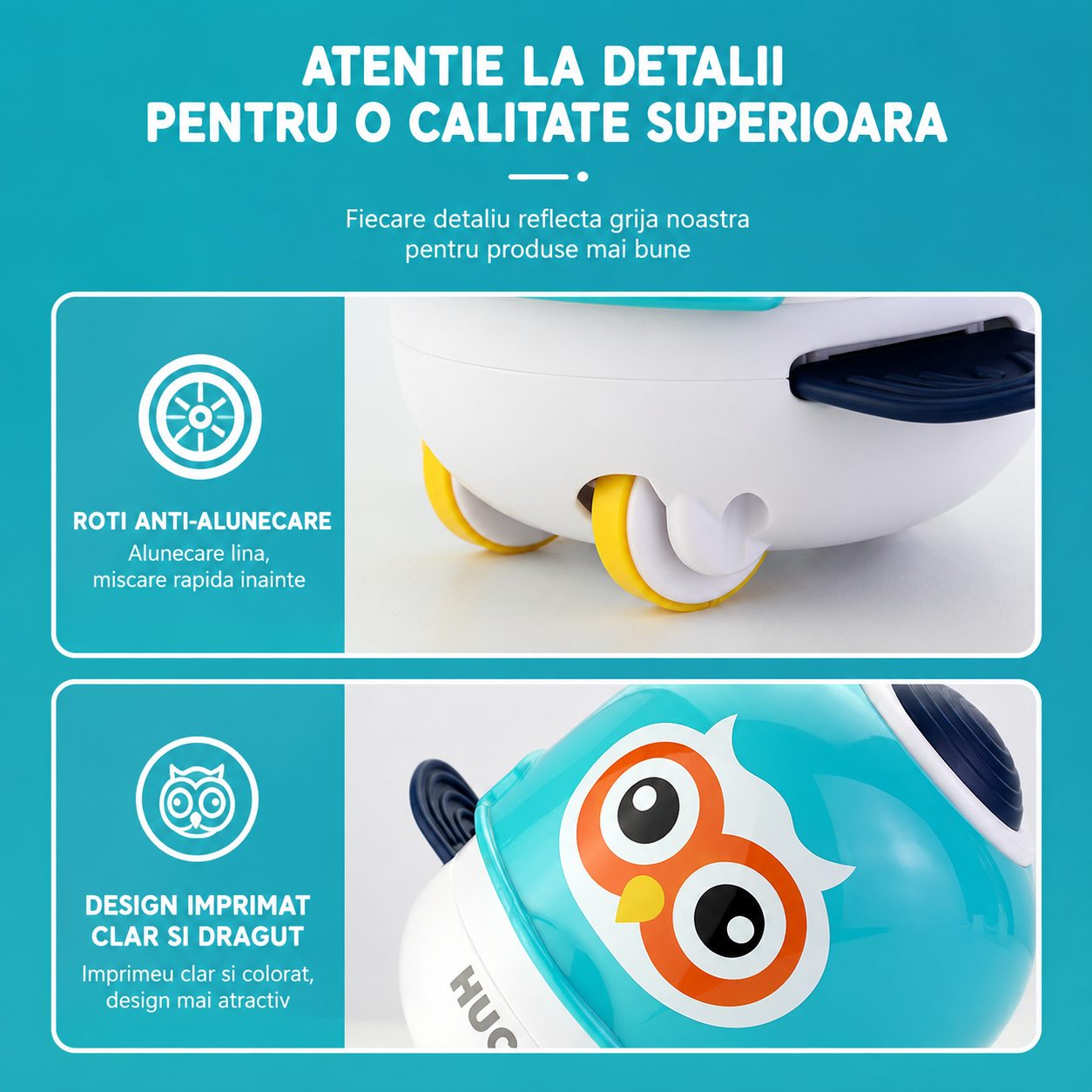 Jucarie Interactiva cu Inertie, Model Bufnita, Sunete si Lumini, pentru Copii 1-3 Ani, Turcoaz