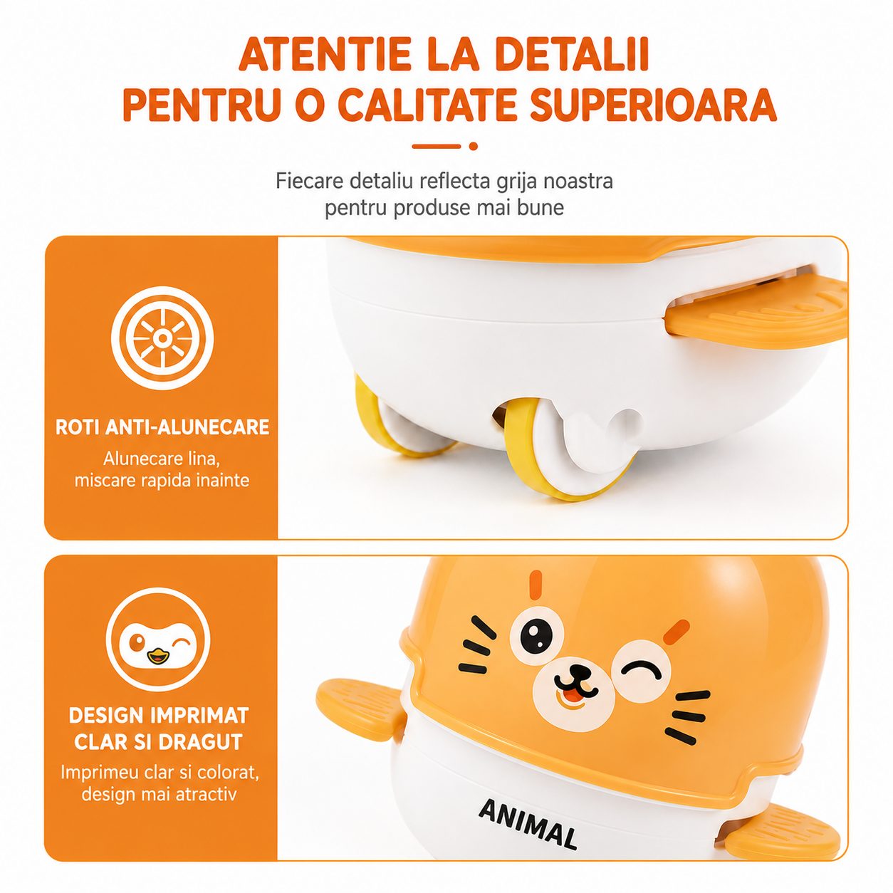 Jucarie Interactiva cu Inertie, Model Foca, Sunete si Lumini, pentru Copii 1-3 Ani, Portocaliu