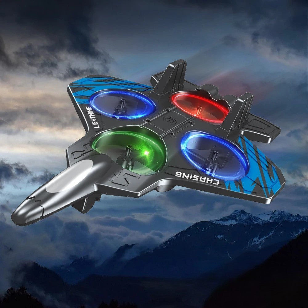 Avion de Lupta cu Telecomanda, Tip Drona, din EVA (Spuma), cu Telecomanda, Incarcare USB, 2.4 GHz, Rotire 360°, Zbor pana la 120 m, LED, 25.5 x 18 x 5.2 cm, Negru-Albastru