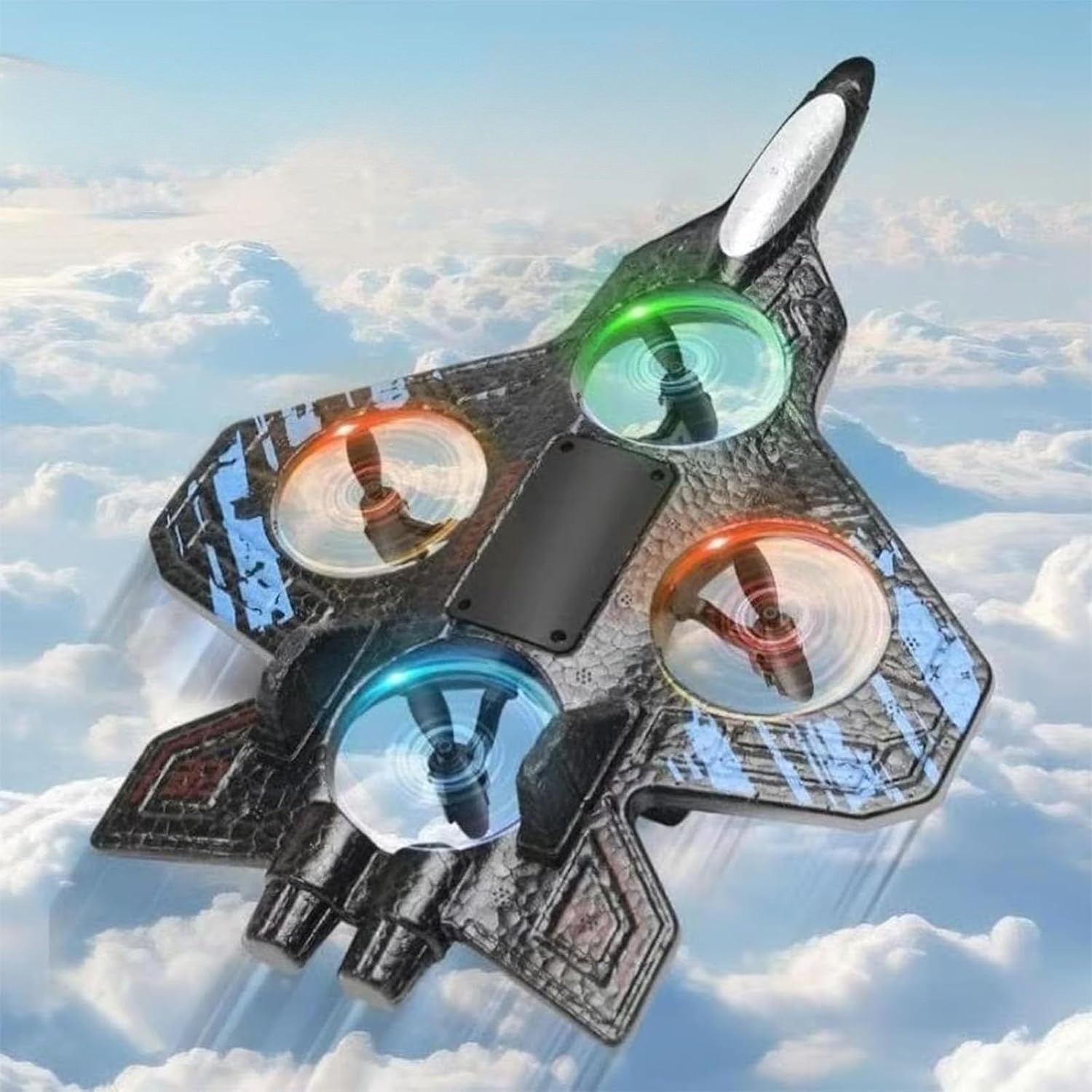 Avion de Lupta cu Telecomanda, Tip Drona, din EVA (Spuma), cu Telecomanda, Incarcare USB, 2.4 GHz, Rotire 360°, Zbor pana la 120 m, LED, 25.5 x 18 x 5.2 cm, Negru-Albastru