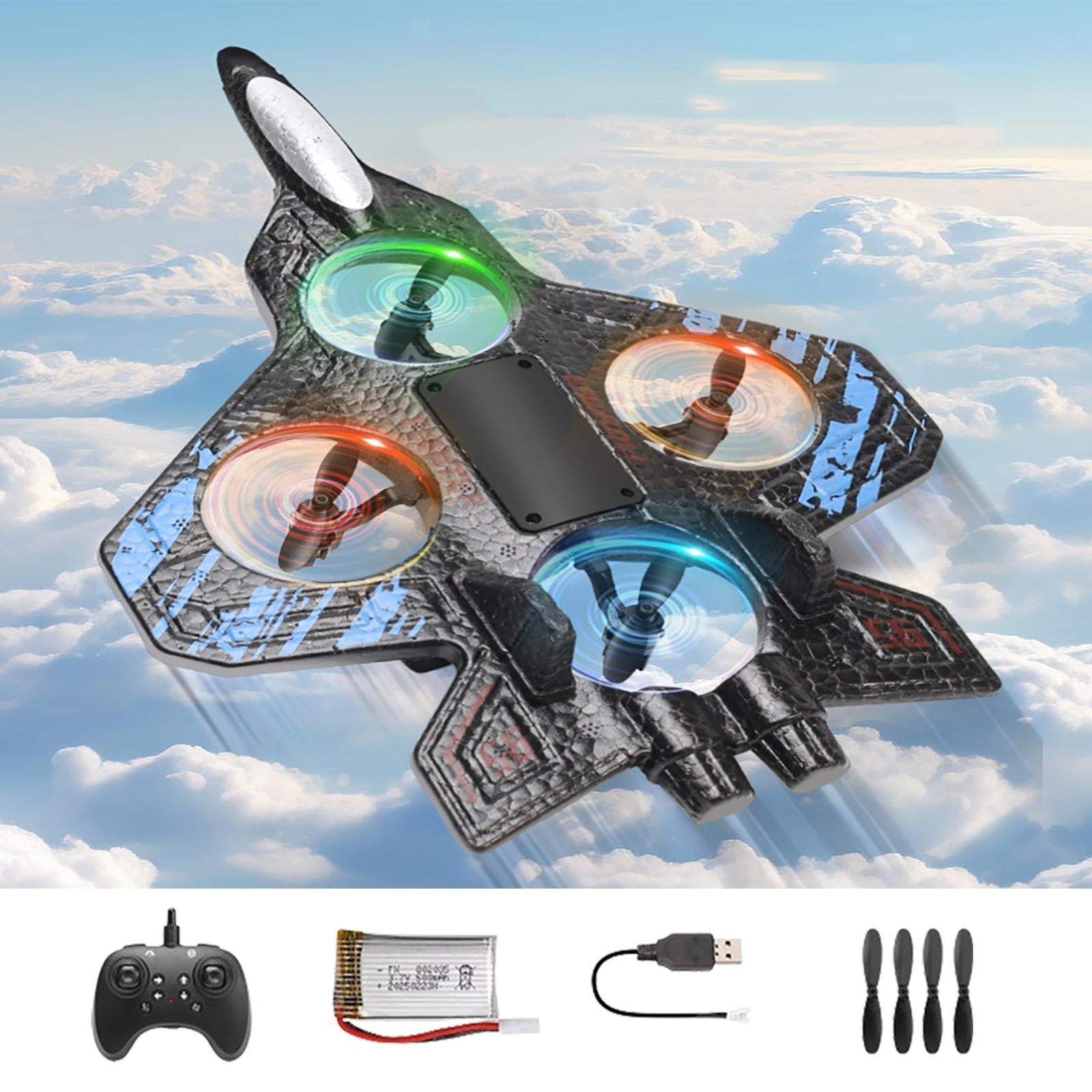Avion de Lupta cu Telecomanda, Tip Drona, din EVA (Spuma), cu Telecomanda, Incarcare USB, 2.4 GHz, Rotire 360°, Zbor pana la 120 m, LED, 25.5 x 18 x 5.2 cm, Negru-Albastru