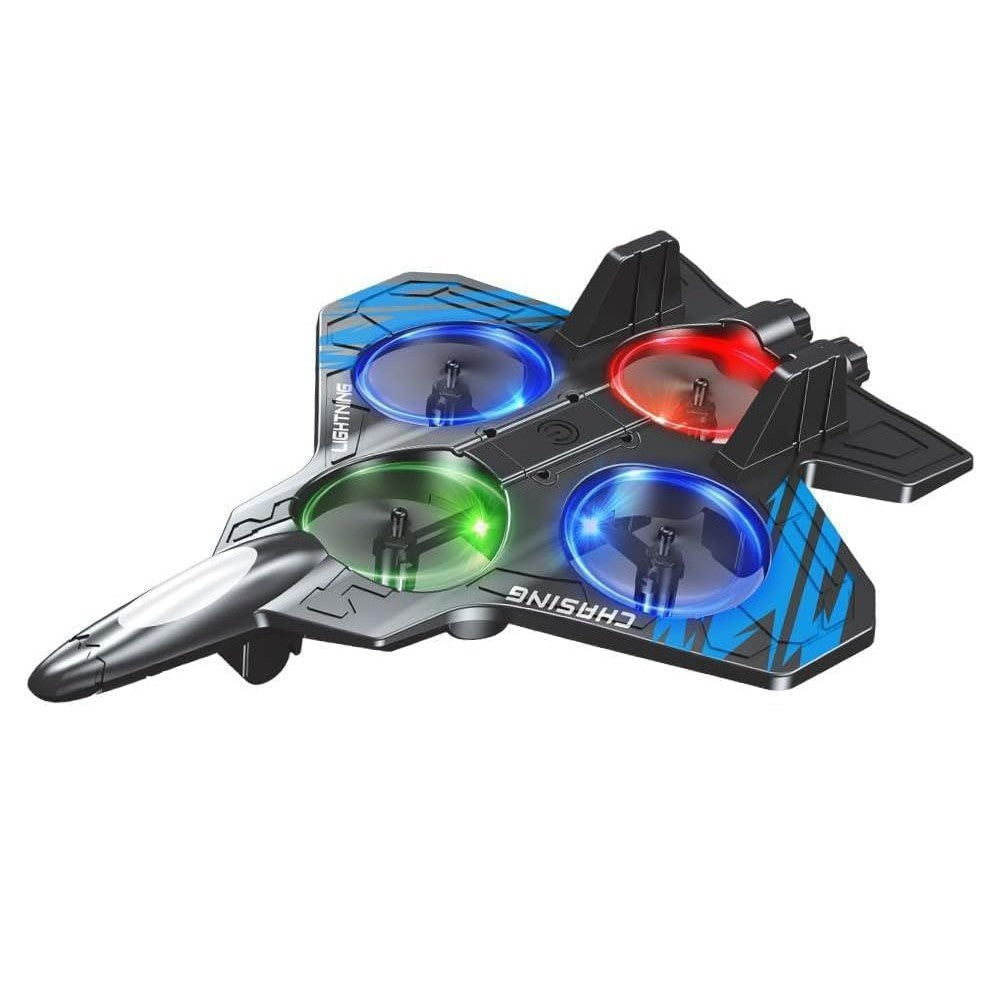 Avion de Lupta cu Telecomanda, Tip Drona, din EVA (Spuma), cu Telecomanda, Incarcare USB, 2.4 GHz, Rotire 360°, Zbor pana la 120 m, LED, 25.5 x 18 x 5.2 cm, Negru-Albastru