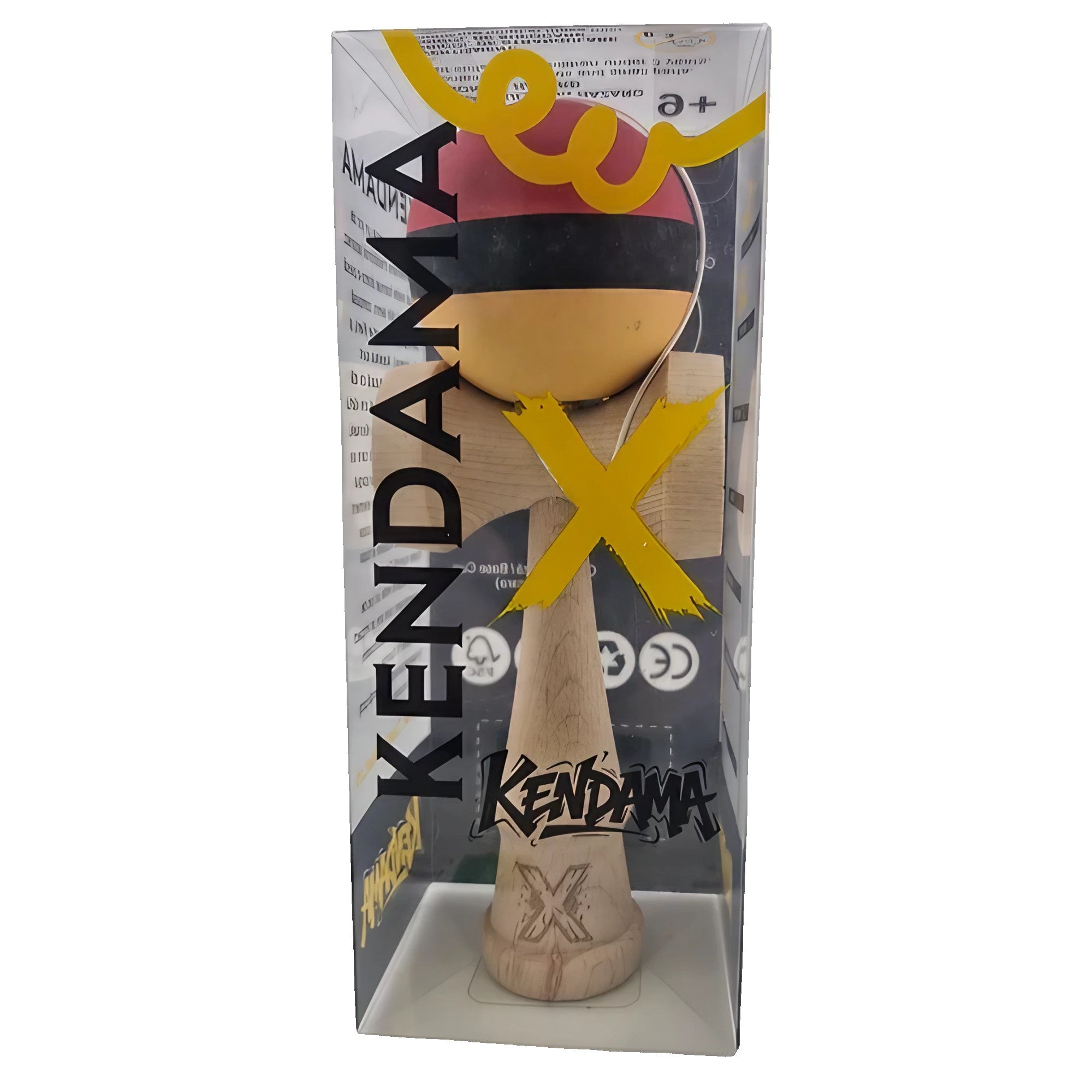 Kendama X Originala, Profesionala, din Lemn, Rubber Grip, 18 cm, Rosu/Negru/Galben