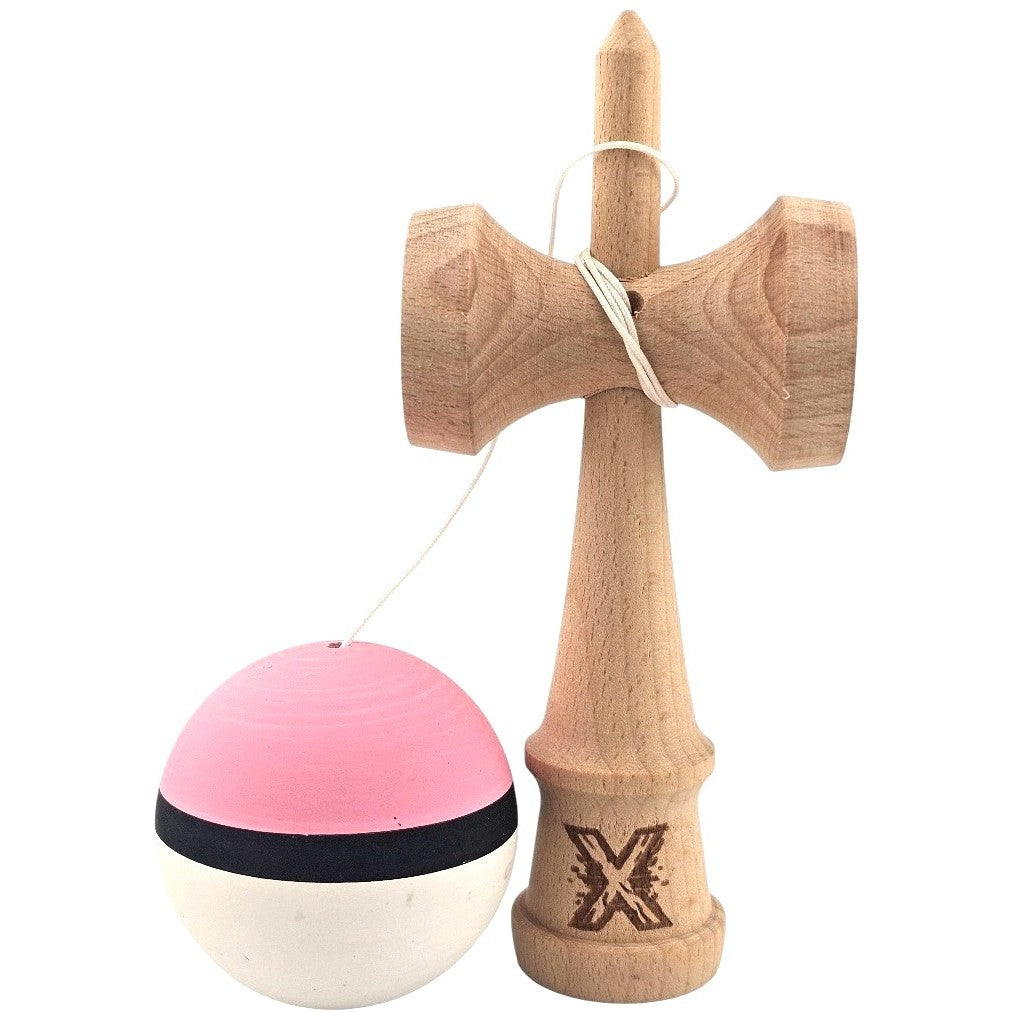 Kendama X Originala, Profesionala, din Lemn, 18 cm, Rubber Grip, Roz/Negru/Alb