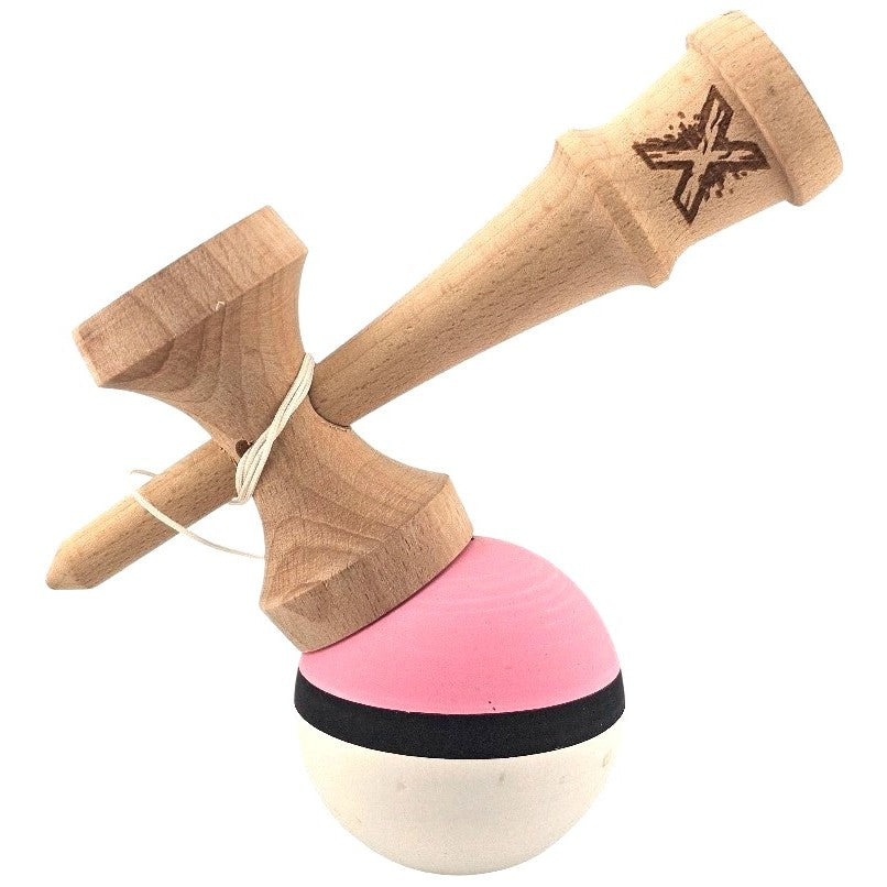 Kendama X Originala, Profesionala, din Lemn, 18 cm, Rubber Grip, Roz/Negru/Alb