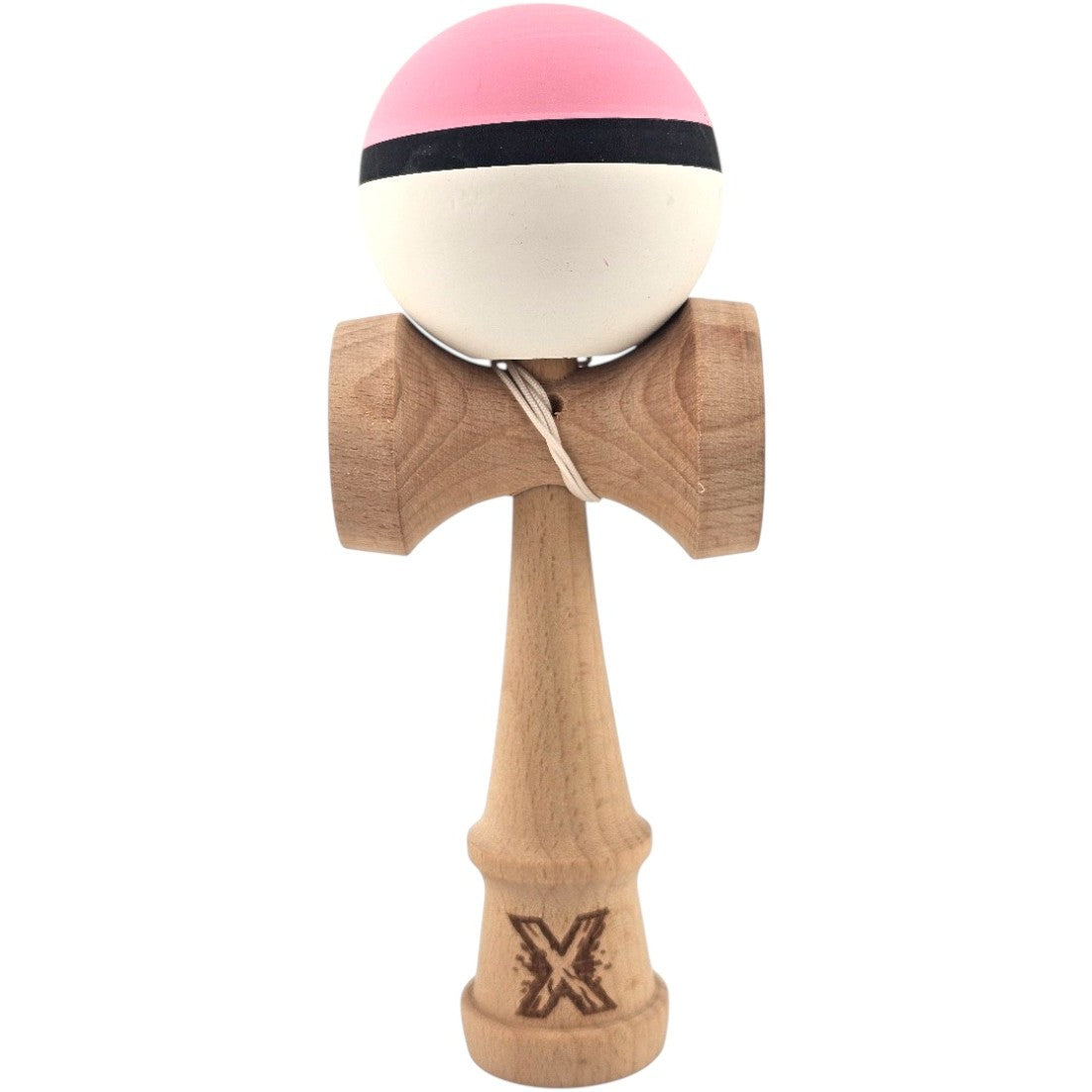 Kendama X Originala, Profesionala, din Lemn, 18 cm, Rubber Grip, Roz/Negru/Alb