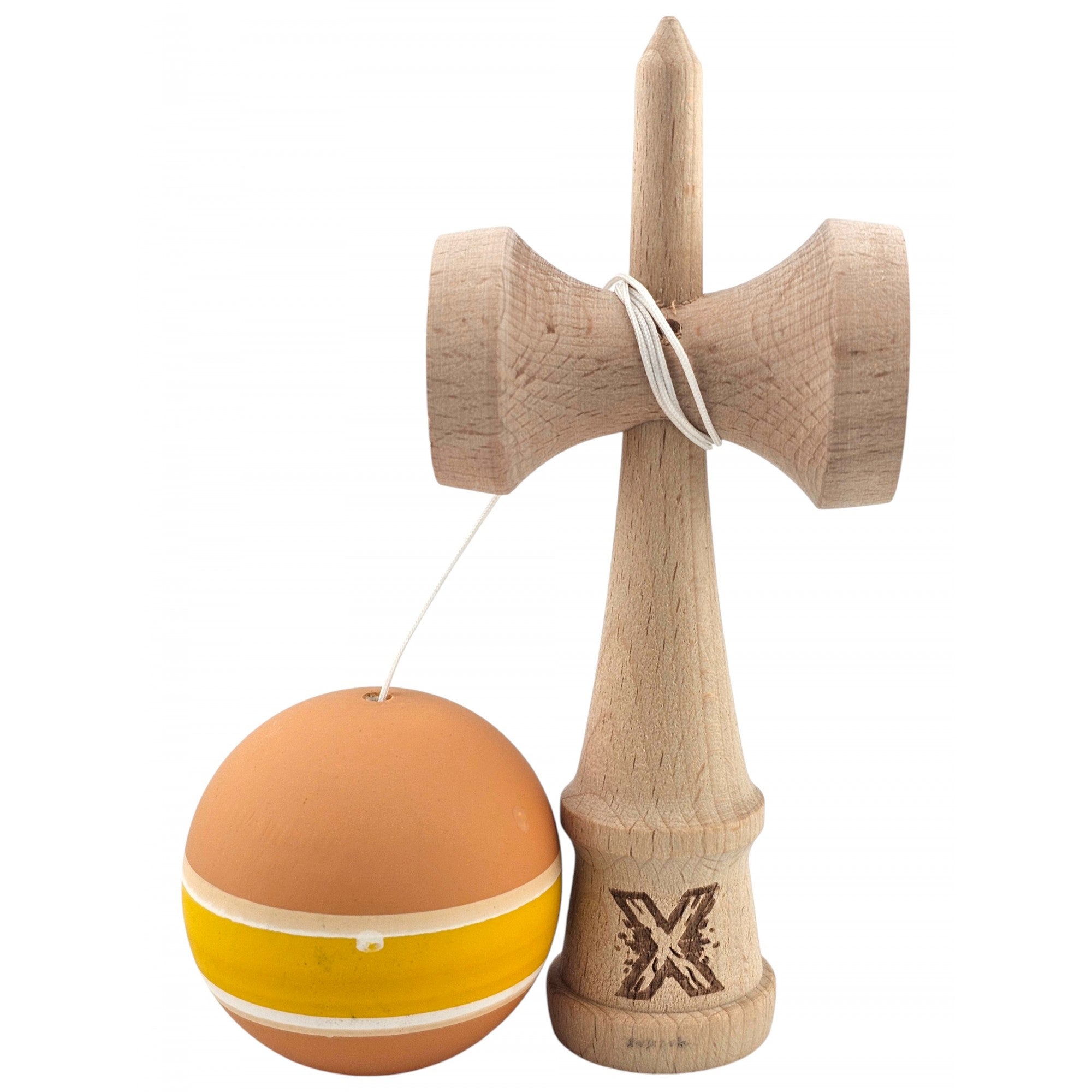 Kendama X Originala, Profesionala, din Lemn cu Bila cu Invelis din Cauciuc, 18 x 6 x 7 cm, Rubber Grip, Portocaliu/Galben/Alb