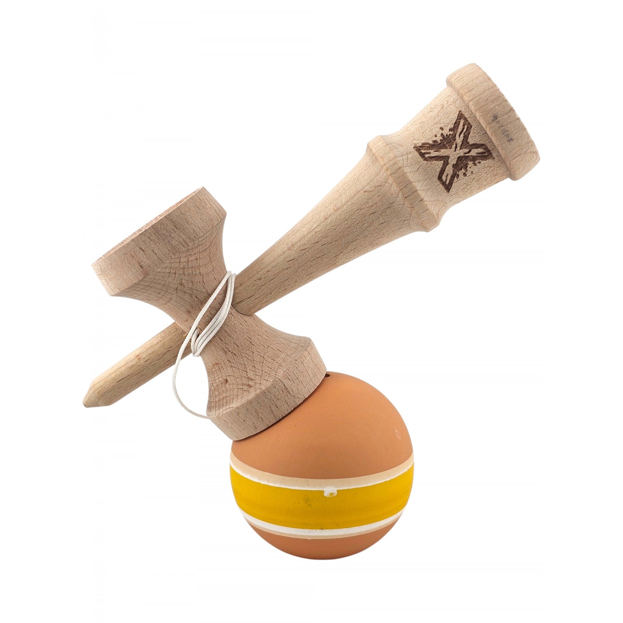 Kendama X Originala, Profesionala, din Lemn cu Bila cu Invelis din Cauciuc, 18 x 6 x 7 cm, Rubber Grip, Portocaliu/Galben/Alb