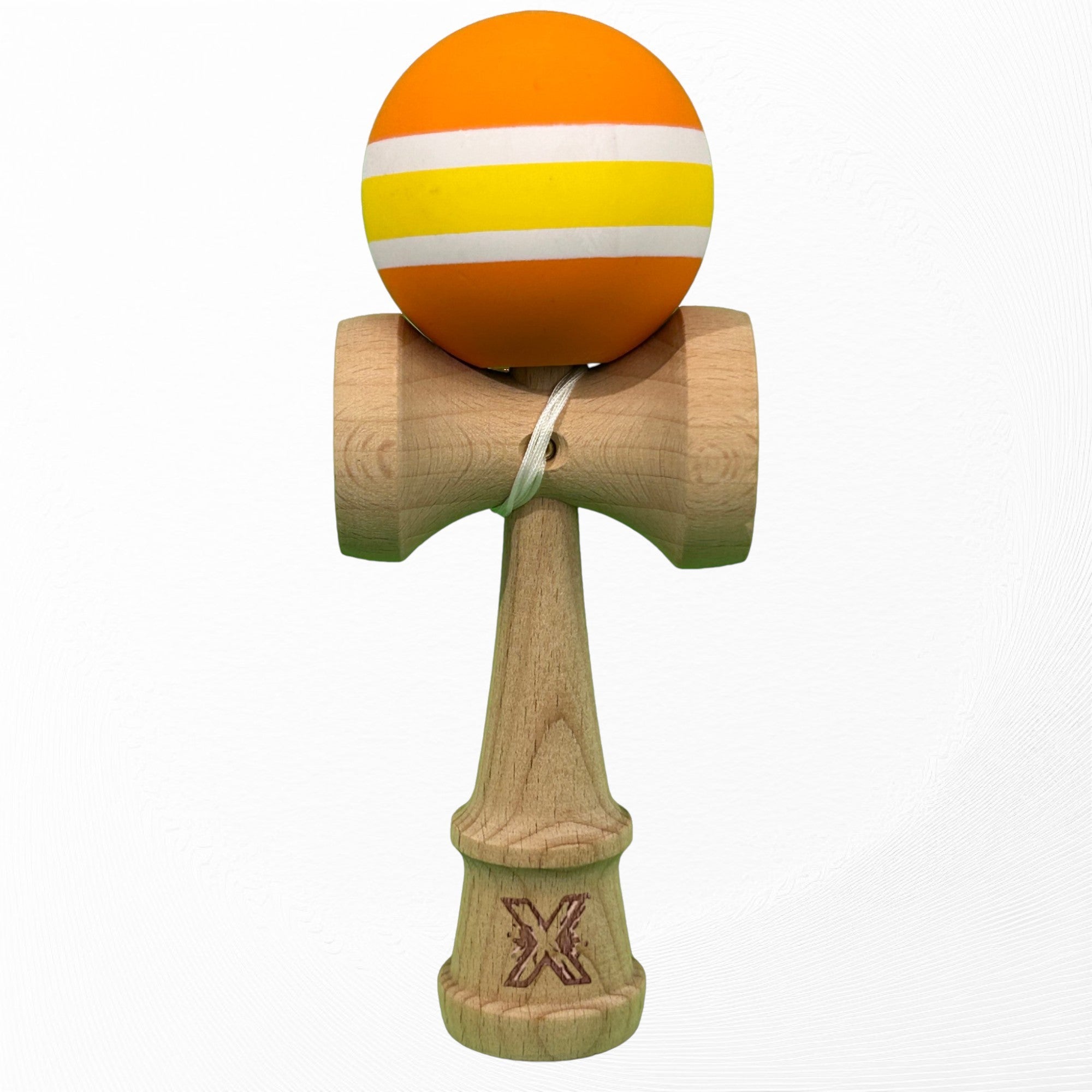 Kendama X Originala, Profesionala, din Lemn cu Bila cu Invelis din Cauciuc, 18 x 6 x 7 cm, Rubber Grip, Portocaliu/Galben/Alb