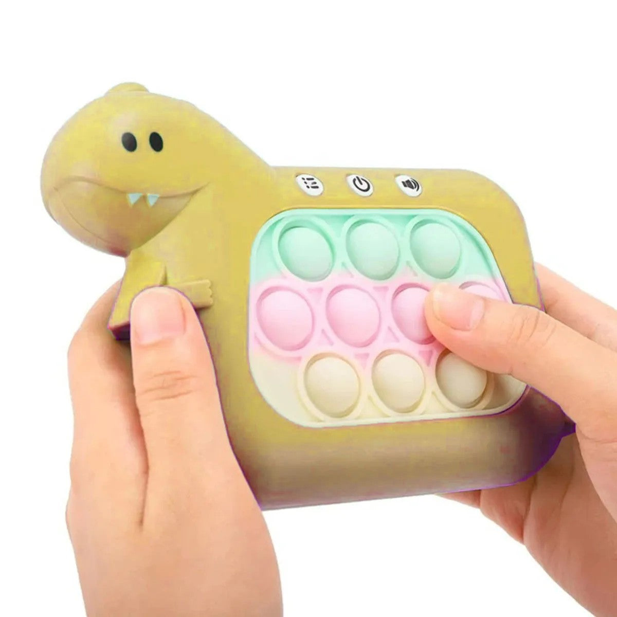 Jucarie Interactiva Pop It Whack A Mole, Tip Consola, Anti-Stres, 4 Moduri de Joc, din ABS si Silicon, +3 Ani, Model Dinozaur, Galben