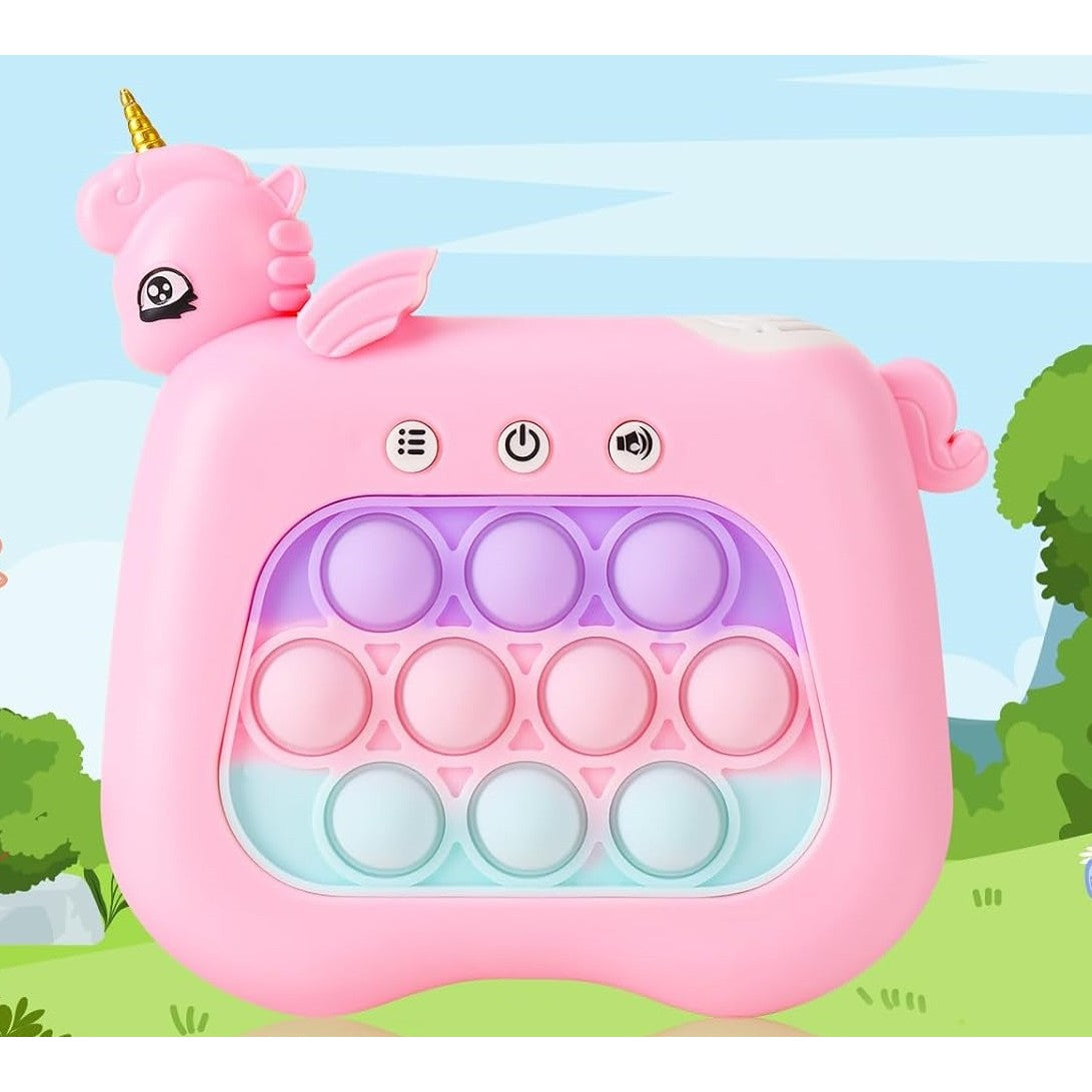 Jucarie Interactiva Pop It Whack A Mole, Tip Consola, Anti-Stres, 4 Moduri de Joc, din ABS si Silicon, +3 Ani, Model Unicorn, Roz