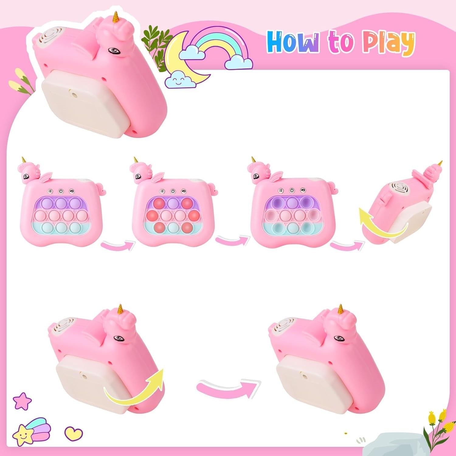 Jucarie Interactiva Pop It Whack A Mole, Tip Consola, Anti-Stres, 4 Moduri de Joc, din ABS si Silicon, +3 Ani, Model Unicorn, Roz