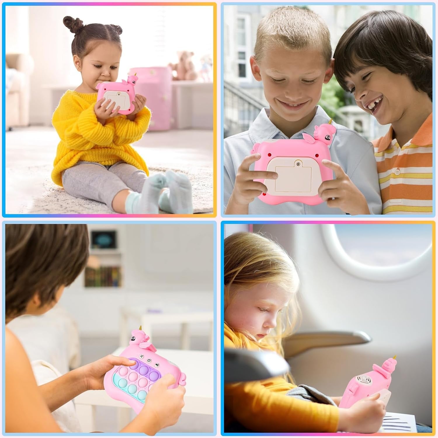 Jucarie Interactiva Pop It Whack A Mole, Tip Consola, Anti-Stres, 4 Moduri de Joc, din ABS si Silicon, +3 Ani, Model Unicorn, Roz