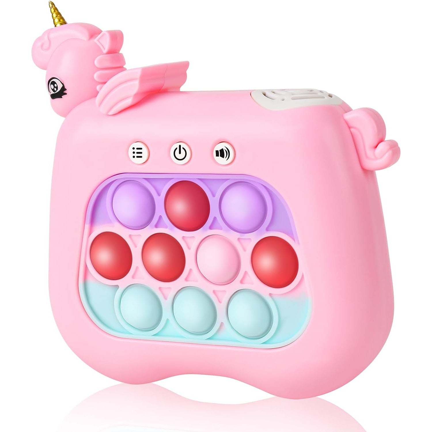 Jucarie Interactiva Pop It Whack A Mole, Tip Consola, Anti-Stres, 4 Moduri de Joc, din ABS si Silicon, +3 Ani, Model Unicorn, Roz