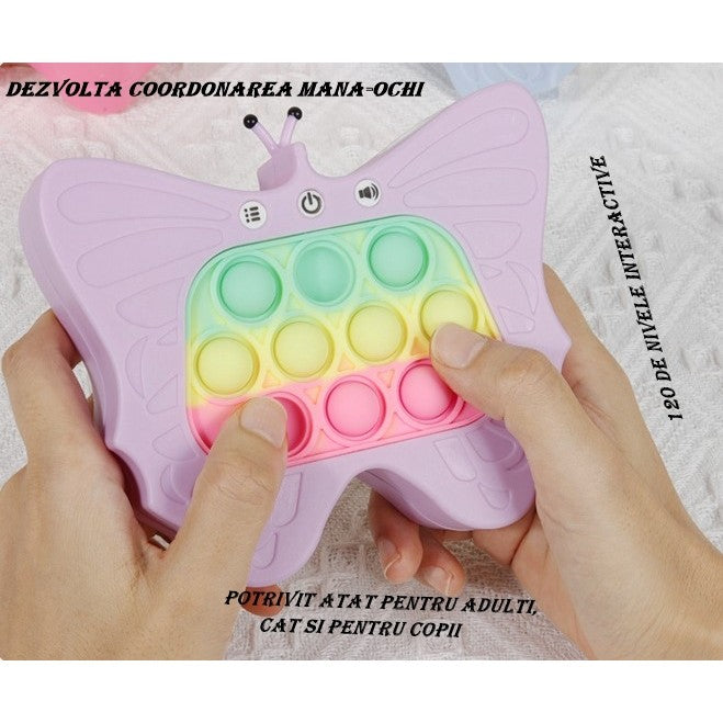 Jucarie Interactiva Tip Consola pentru Copii, Flippy, Diferite Moduri de Joc, 120 Nivele, Material ABS/silicon, Sunete si Lumini, 12 x 5.5 x 13.5 cm, Model Fluture, Mov