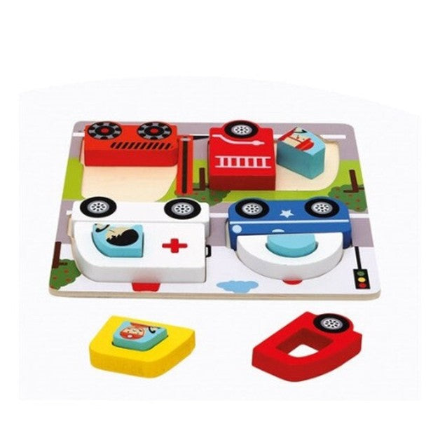 Jucarie Montessori, Flippy, Tip Puzzle 3D, din Lemn, +36 Luni, Model Masini, 18 x 18 x 1.5 cm, Multicolor