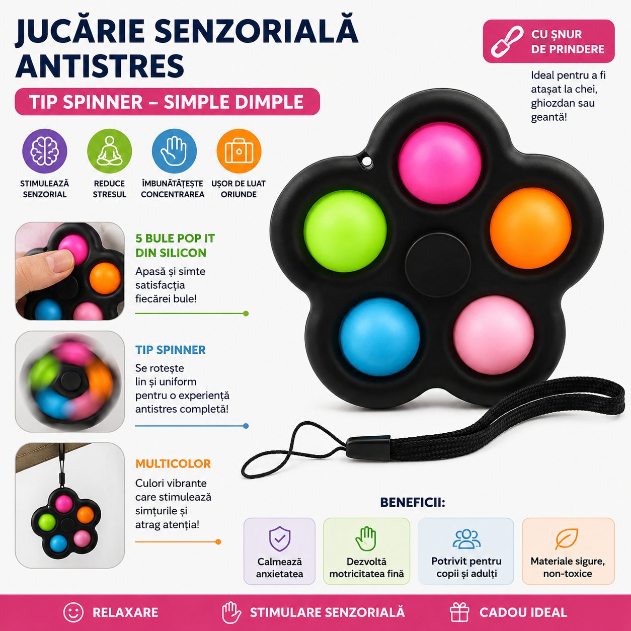 Jucarie Senzoriala Antistres Tip Spinner, Model Simple Dimple, cu 5 Bule Pop It, cu Snur de Prindere, pentru Relaxare si Stimulare Senzoriala, Multicolor