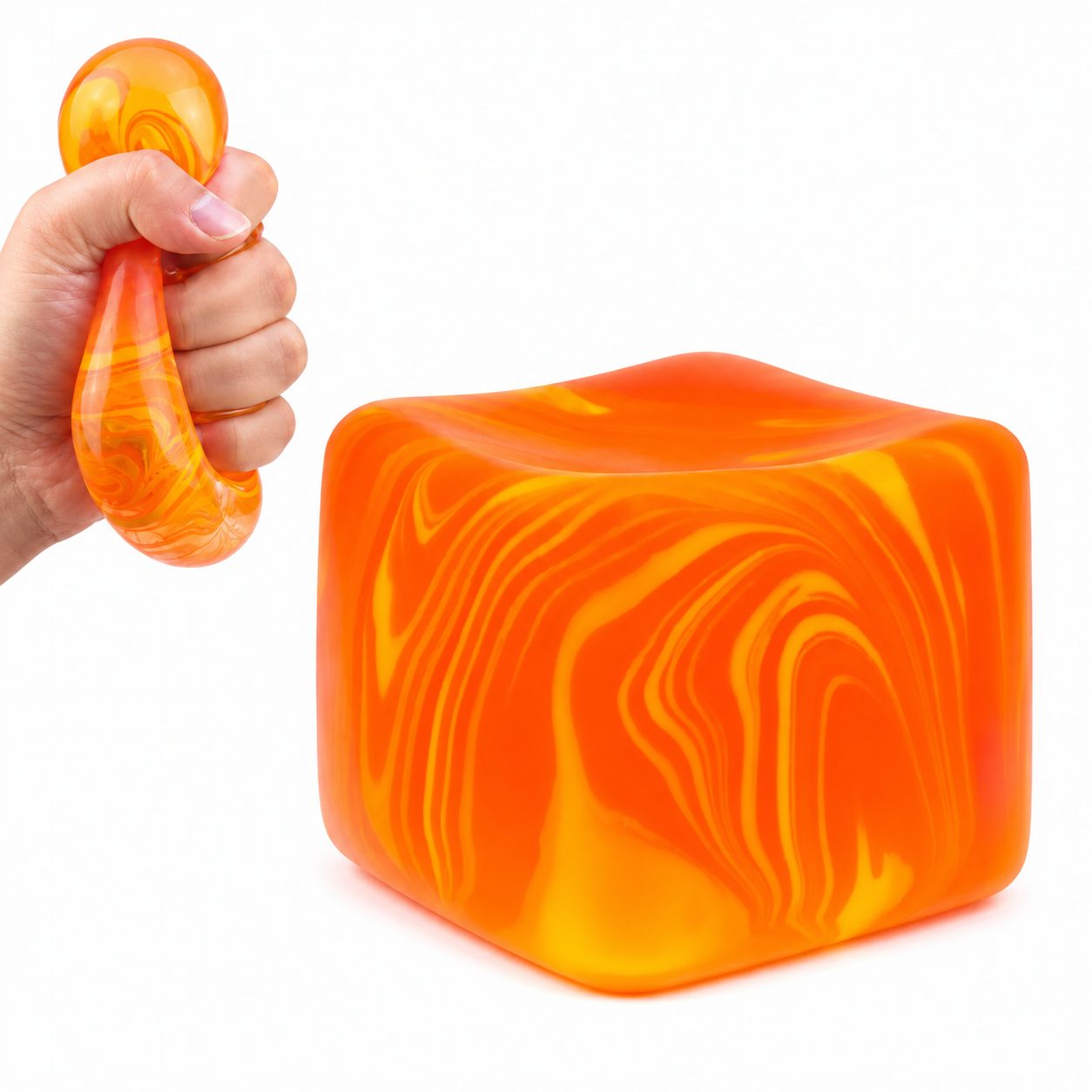 Jucarie Squishy Dumpling in Forma de Cub de Gheata, Model Linii Flow din Maltoza, Antistres Senzoriala Comprimabila cu Revenire Lenta, 3.5x3.5x3.5 cm, 50 g, Portocaliu
