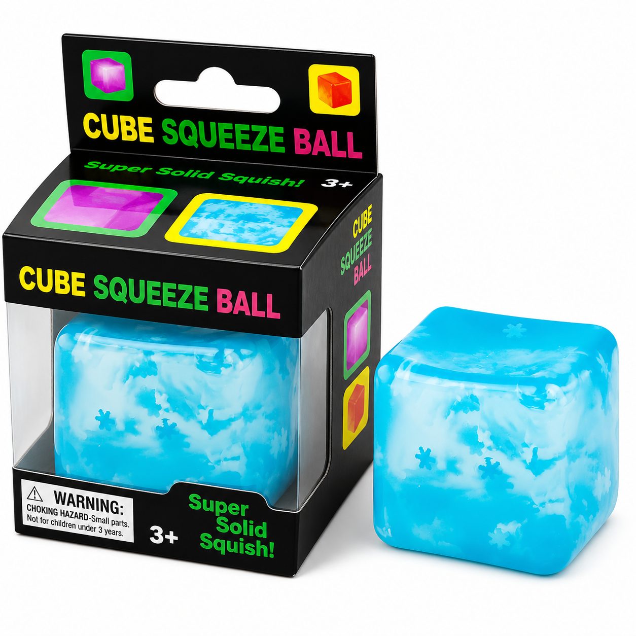Jucarie Squishy tip Needoh in Forma de Cub, Model Cub de Gheata cu Fulgi, Antistres Senzoriala Comprimabila cu Revenire Lenta, 5.5x5.5x5.5 cm, 180 g, Albastru