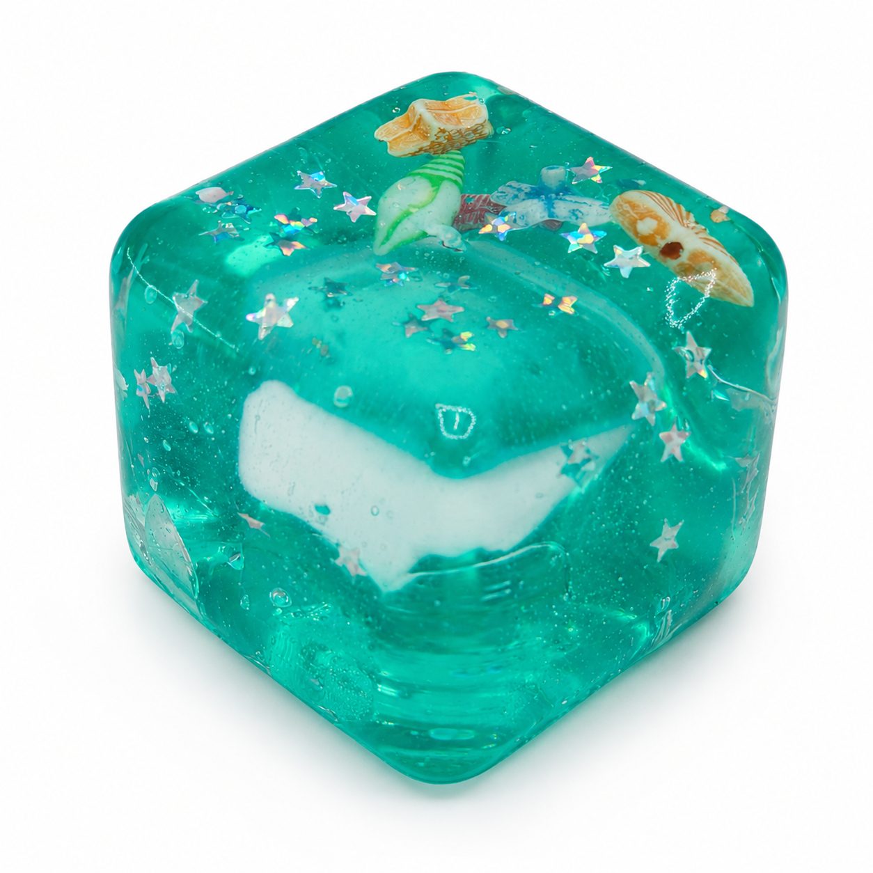 Jucarie Squishy tip Needoh in Forma de Cub, Model Cub de Gheata cu Stele Maritime, Antistres Senzoriala Comprimabila cu Revenire Lenta, 4.5x4.5x4.5 cm, 110 g, Verde