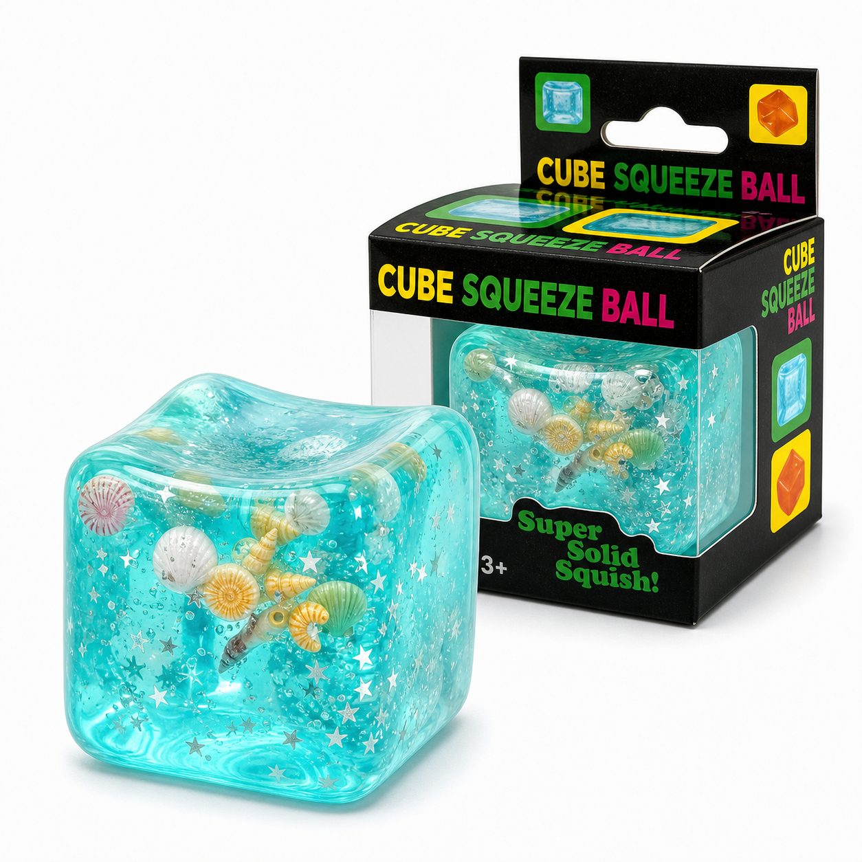 Jucarie Squishy tip Needoh in Forma de Cub, Model Cub de Gheata cu Stele Maritime, Antistres Senzoriala Comprimabila cu Revenire Lenta, 4.5x4.5x4.5 cm, 110 g, Albastru