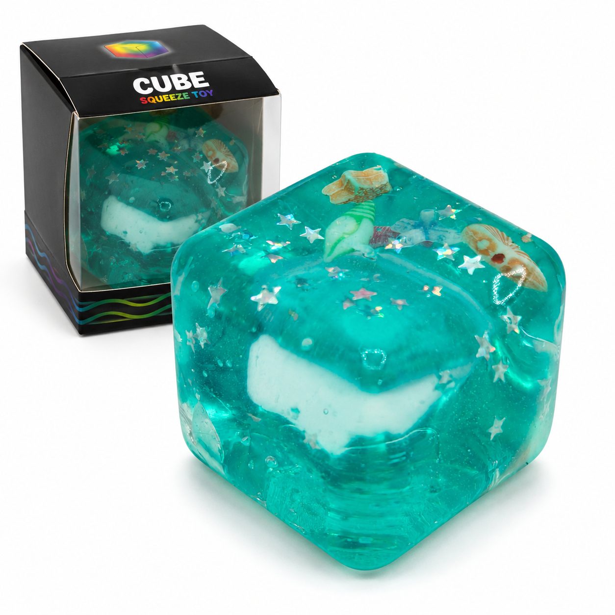 Jucarie Squishy tip Needoh in Forma de Cub, Model Cub de Gheata cu Stele Maritime, Antistres Senzoriala Comprimabila cu Revenire Lenta, 4.5x4.5x4.5 cm, 110 g, Verde