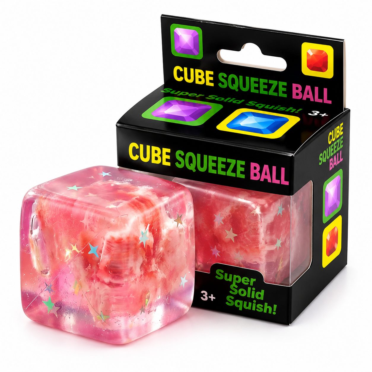 Jucarie Squishy tip Needoh in Forma de Cub, Model Cub de Gheata cu Stele Maritime, Antistres Senzoriala Comprimabila cu Revenire Lenta, 4.5x4.5x4.5 cm, 80 g, Roz