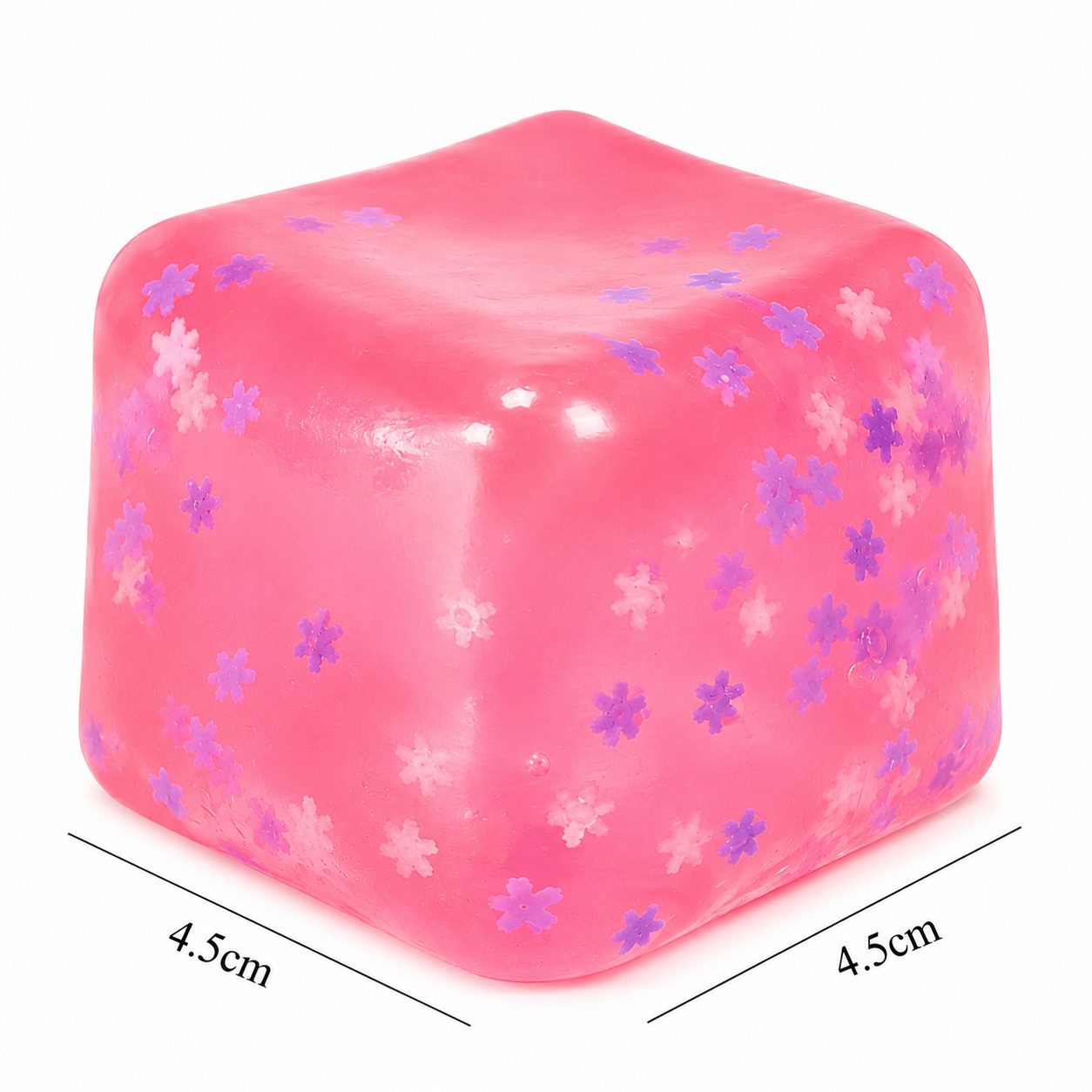 Jucarie Squishy tip Needoh in Forma de Cub, Model Ice Cube cu Fulgi de Nea, Antistres Senzoriala Comprimabila cu Revenire Lenta, 4.5x4.5x4.5 cm, 110 g, Roz