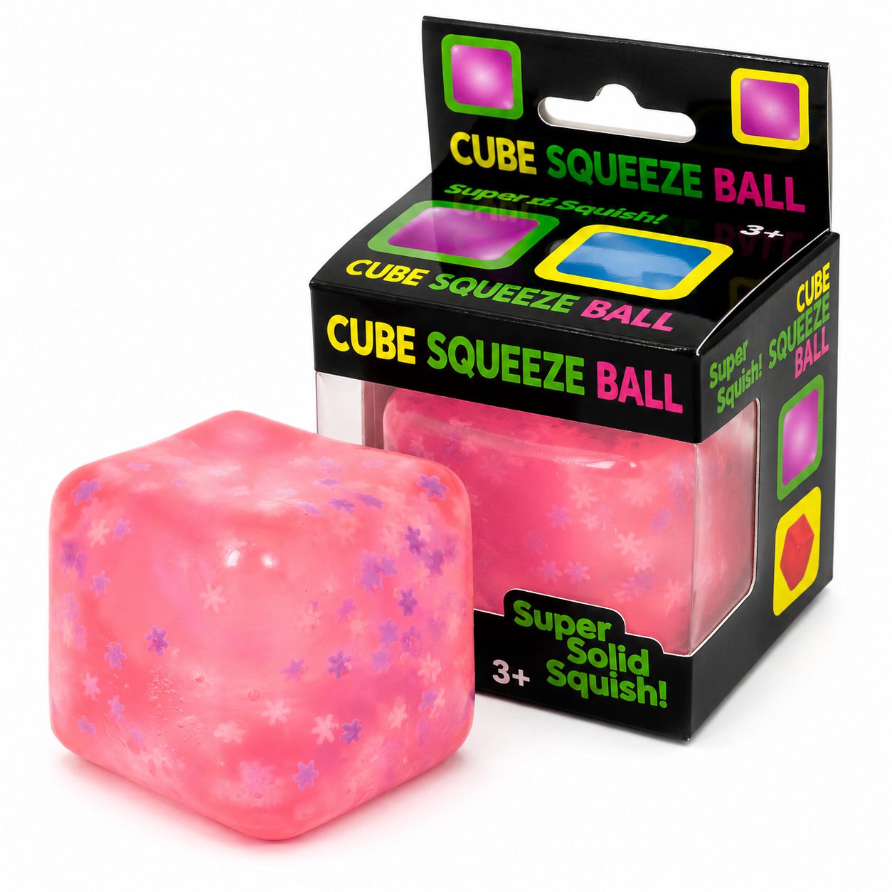 Jucarie Squishy tip Needoh in Forma de Cub, Model Ice Cube cu Fulgi de Nea, Antistres Senzoriala Comprimabila cu Revenire Lenta, 4.5x4.5x4.5 cm, 110 g, Roz