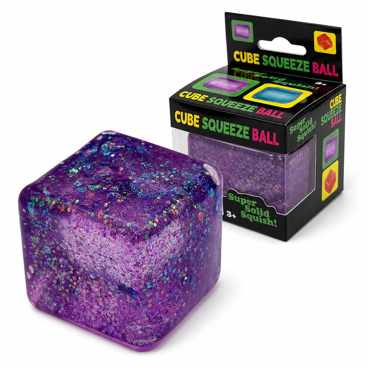 Jucarie Squishy tip Needoh in Forma de Cub, Model Ice Cube cu Sclipici Magic, Antistres Senzoriala Comprimabila cu Revenire Lenta, 4.5x4.5 cm, 110 g, Mov