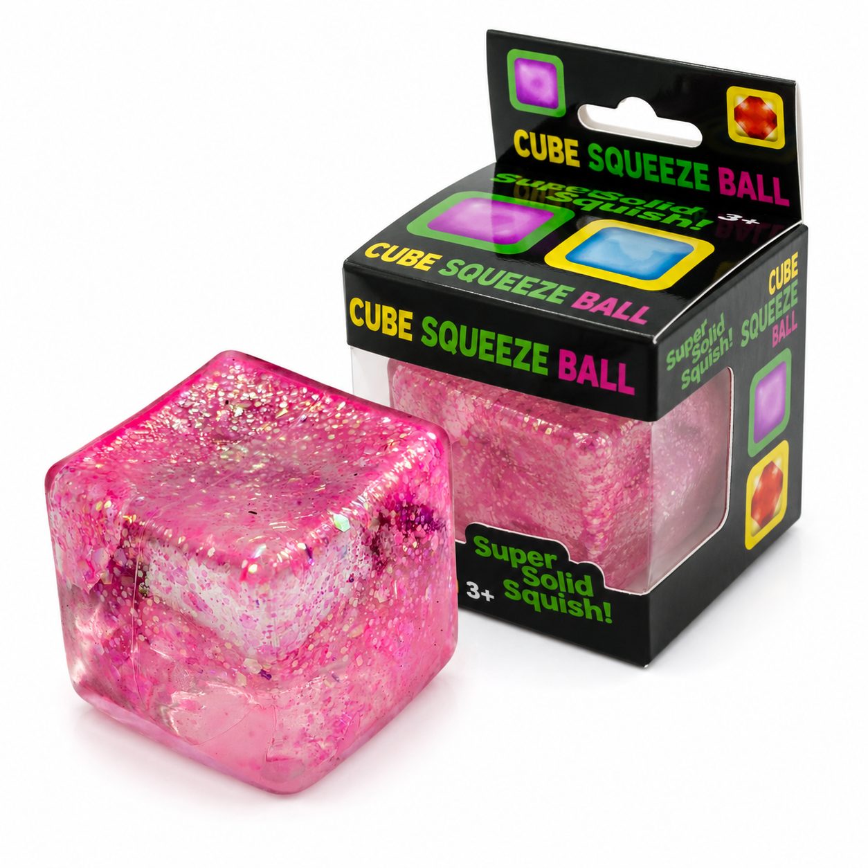 Jucarie Squishy tip Needoh in Forma de Cub, Model Ice Cube cu Sclipici Magic, Antistres Senzoriala Comprimabila cu Revenire Lenta, 4.5x4.5 cm, 110 g, Roz