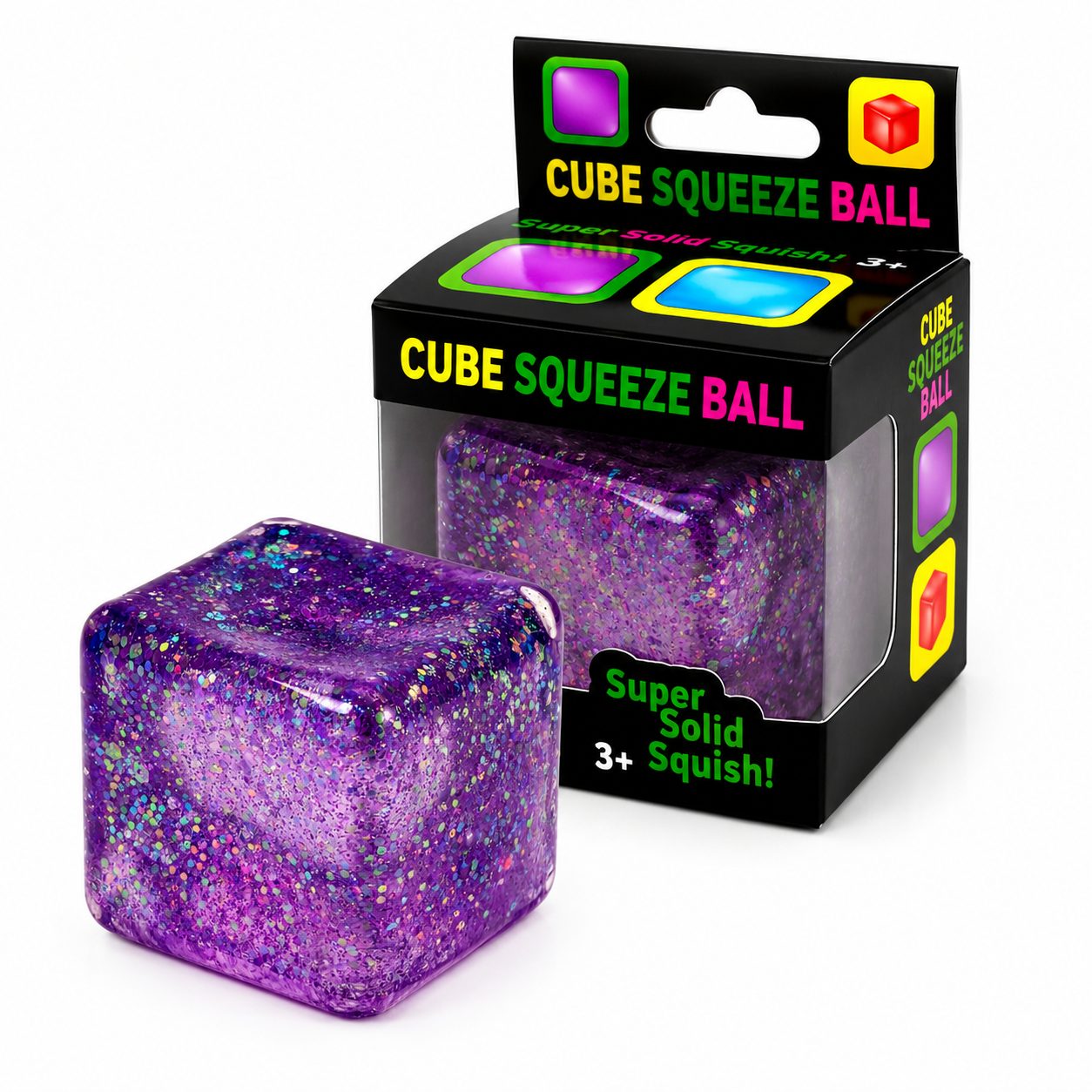 Jucarie Squishy tip Needoh in Forma de Cub, Model Ice Cube cu Sclipici Magic, Antistres Senzoriala Comprimabila cu Revenire Lenta, 3x3 cm, 30 g, Mov