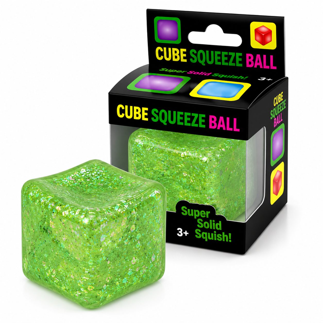 Jucarie Squishy tip Needoh in Forma de Cub, Model Ice Cube cu Sclipici Magic, Antistres Senzoriala Comprimabila cu Revenire Lenta, 3x3 cm, 30 g, Verde
