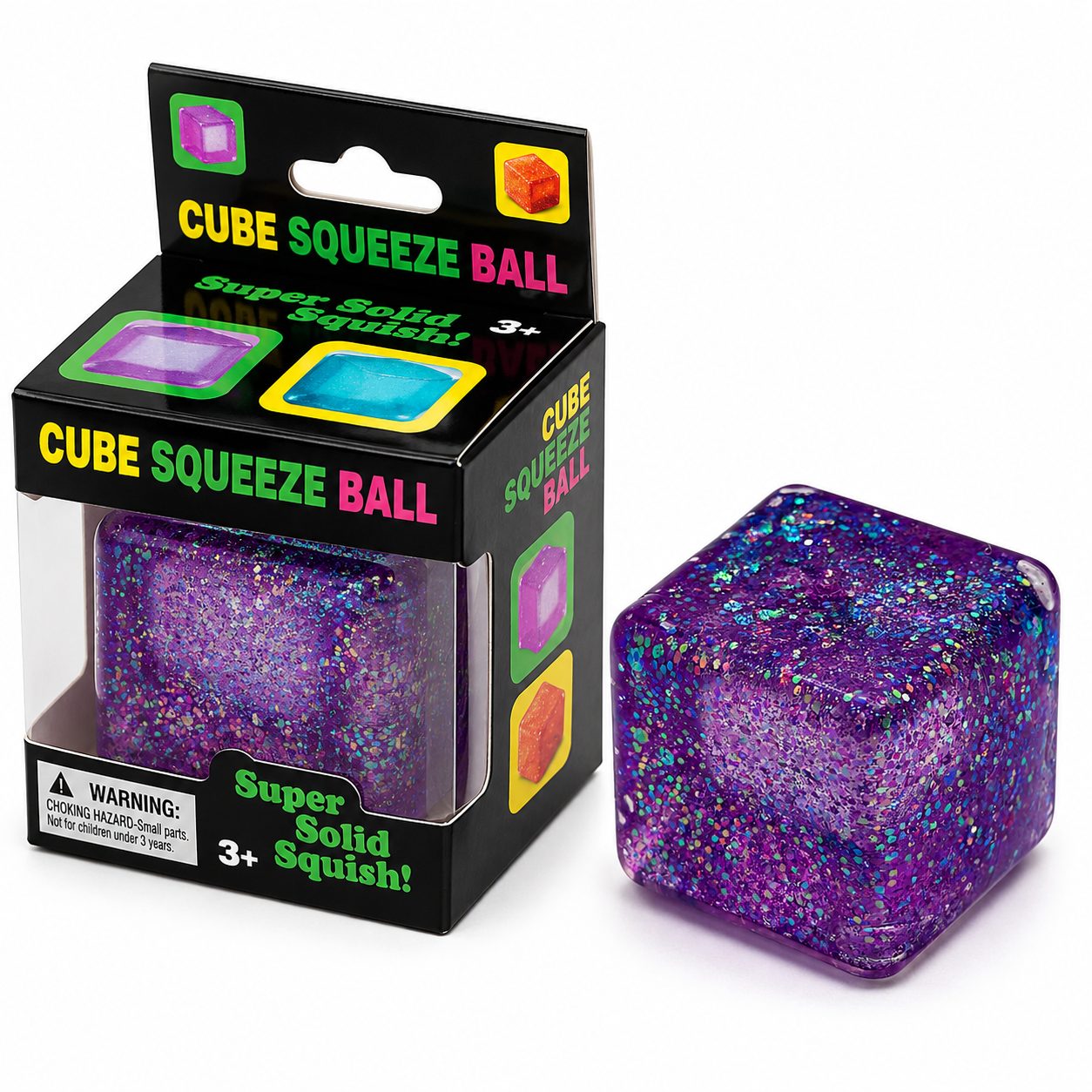 Jucarie Squishy tip Needoh in Forma de Cub, Model Ice Cube cu Sclipici Magic, Antistres Senzoriala Comprimabila cu Revenire Lenta, 4x4 cm, 80 g, Mov
