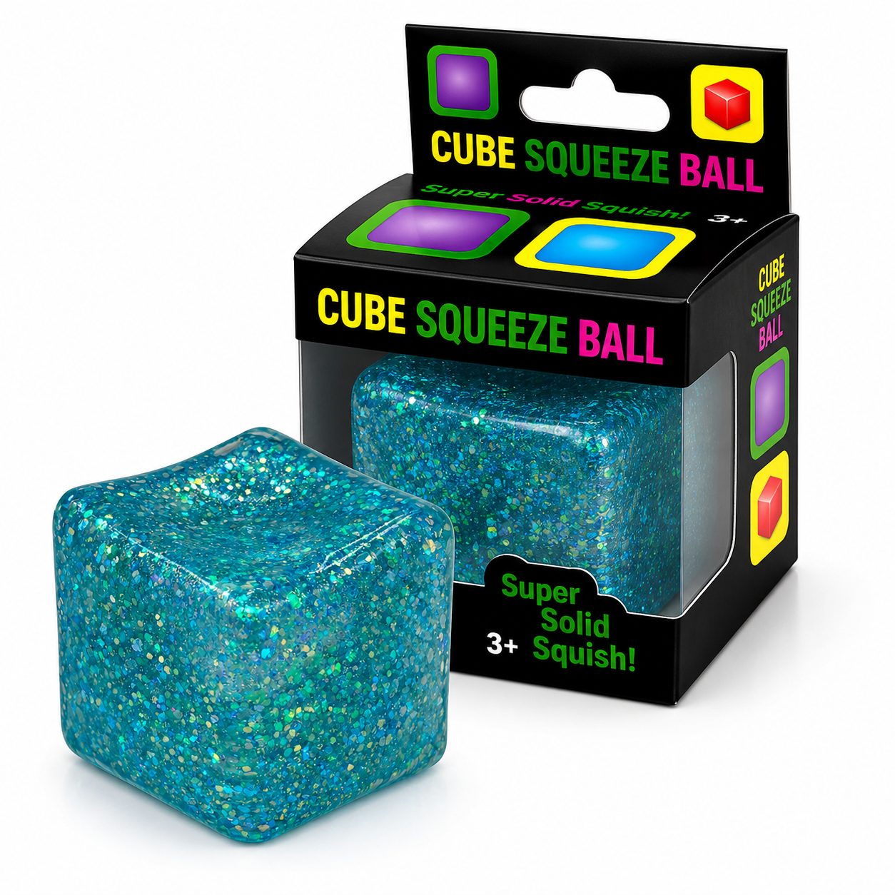 Jucarie Squishy tip Needoh in Forma de Cub, Model Ice Cube cu Sclipici Magic, Antistres Senzoriala Comprimabila cu Revenire Lenta, 3x3 cm, 30 g, Albastru