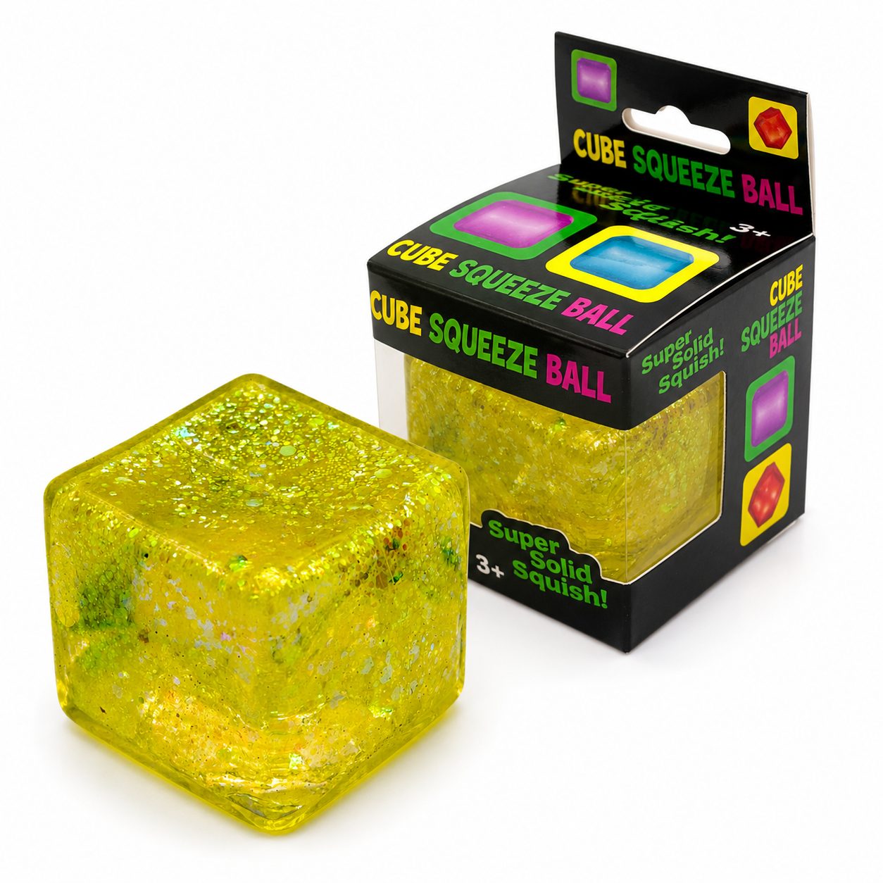 Jucarie Squishy tip Needoh in Forma de Cub, Model Ice Cube cu Sclipici Magic, Antistres Senzoriala Comprimabila cu Revenire Lenta, 4.5x4.5 cm, 110 g, Galben