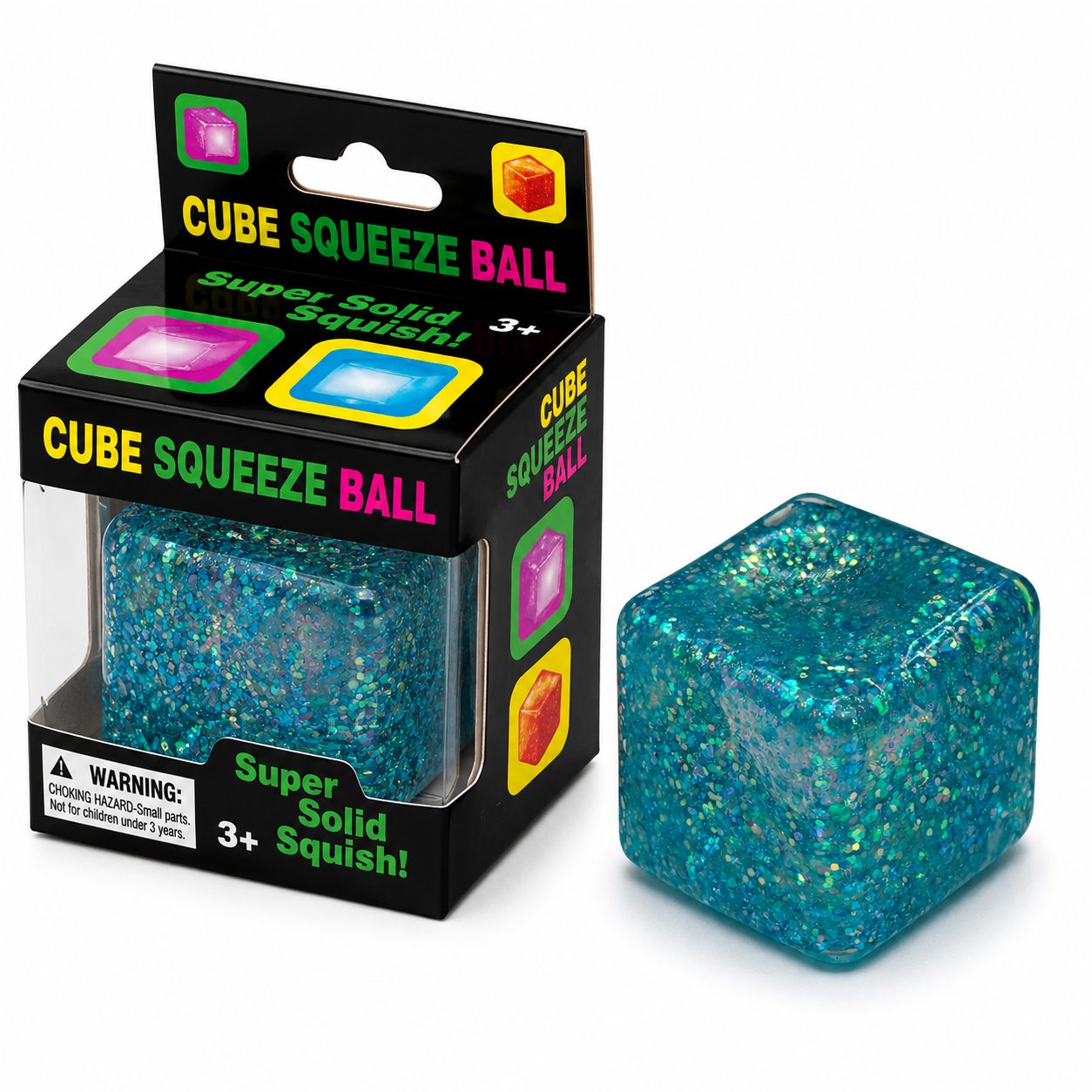 Jucarie Squishy tip Needoh in Forma de Cub, Model Ice Cube cu Sclipici Magic, Antistres Senzoriala Comprimabila cu Revenire Lenta, 4x4 cm, 80 g, Albastru