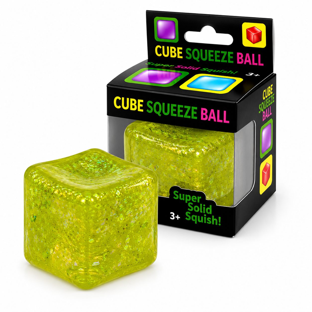 Jucarie Squishy tip Needoh in Forma de Cub, Model Ice Cube cu Sclipici Magic, Antistres Senzoriala Comprimabila cu Revenire Lenta, 3x3 cm, 30 g, Galben
