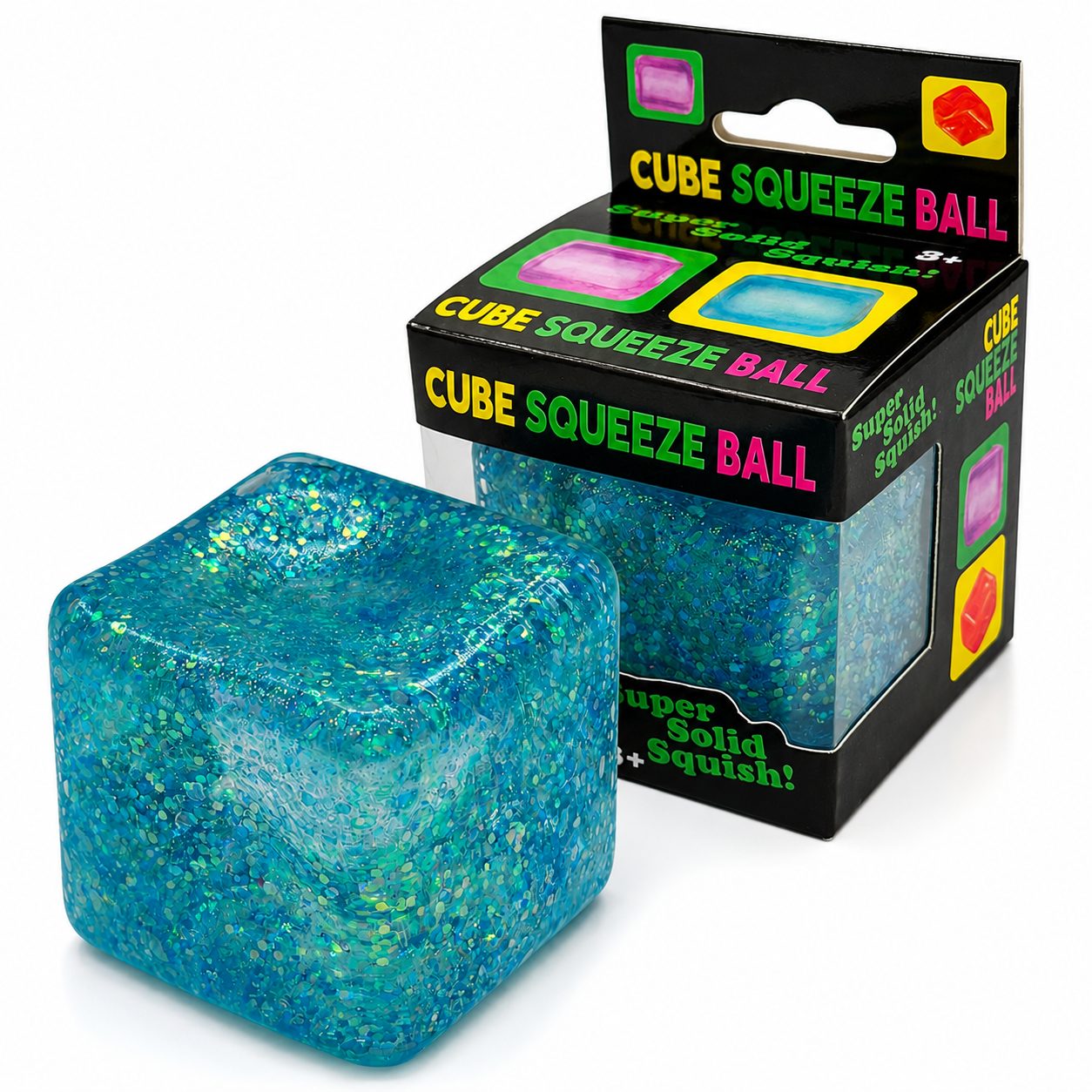 Jucarie Squishy tip Needoh in Forma de Cub, Model Ice Cube cu Sclipici Magic, Antistres Senzoriala Comprimabila cu Revenire Lenta, 4.5x4.5 cm, 110 g, Albastru Deschis