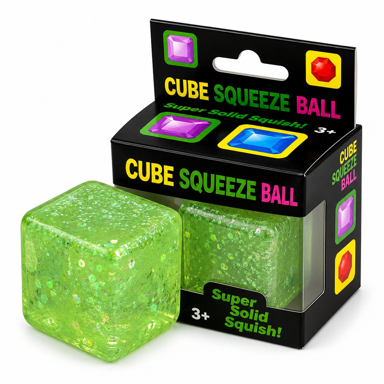 Jucarie Squishy tip Needoh in Forma de Cub, Model Ice Cube cu Sclipici Magic, Antistres Senzoriala Comprimabila cu Revenire Lenta, 4x4 cm, 80 g, Verde