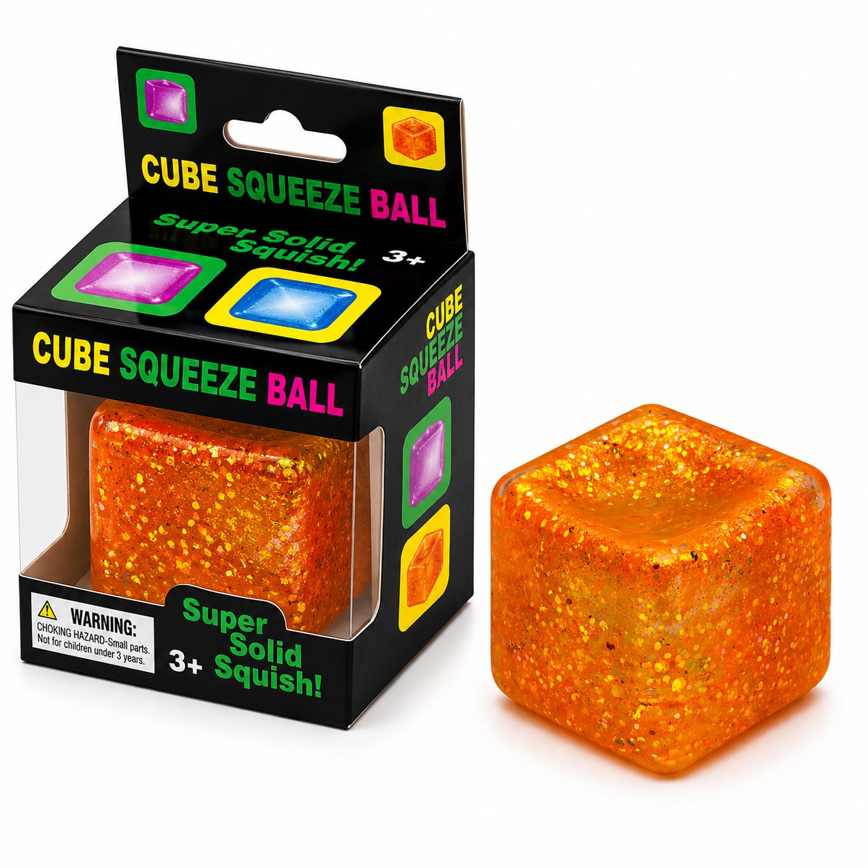 Jucarie Squishy tip Needoh in Forma de Cub, Model Ice Cube cu Sclipici Magic, Antistres Senzoriala Comprimabila cu Revenire Lenta, 4x4 cm, 80 g, Portocaliu