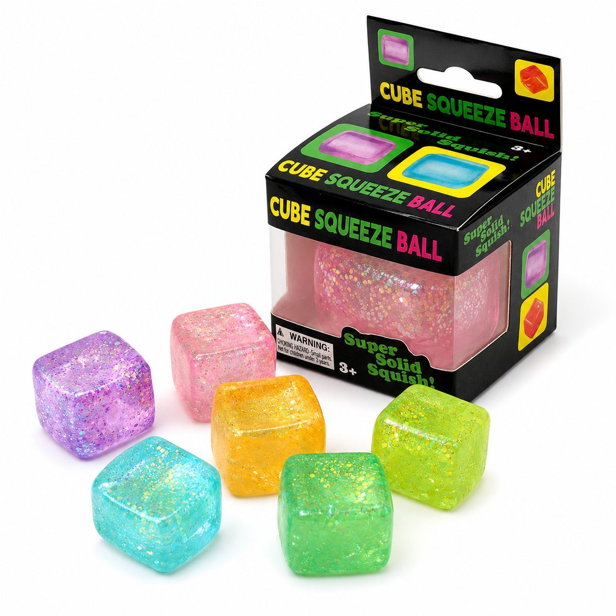 Jucarie Squishy tip Needoh in Forma de Cub, Model Sclipici, Antistres Senzoriala Comprimabila cu Revenire Lenta, 4.5x4.5x4.5 cm, 110 g, Culoare Mix