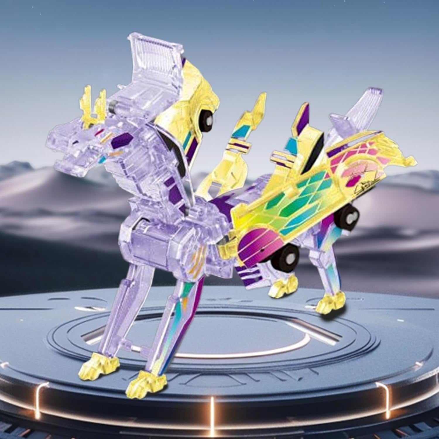 Jucarie Transformabila 2in1, Flippy, Crystal Wing Flying Dragon, Masina/Dragon, Atractie Magnetica, Fluorescent, +3 Ani, din ABS, Multicolor