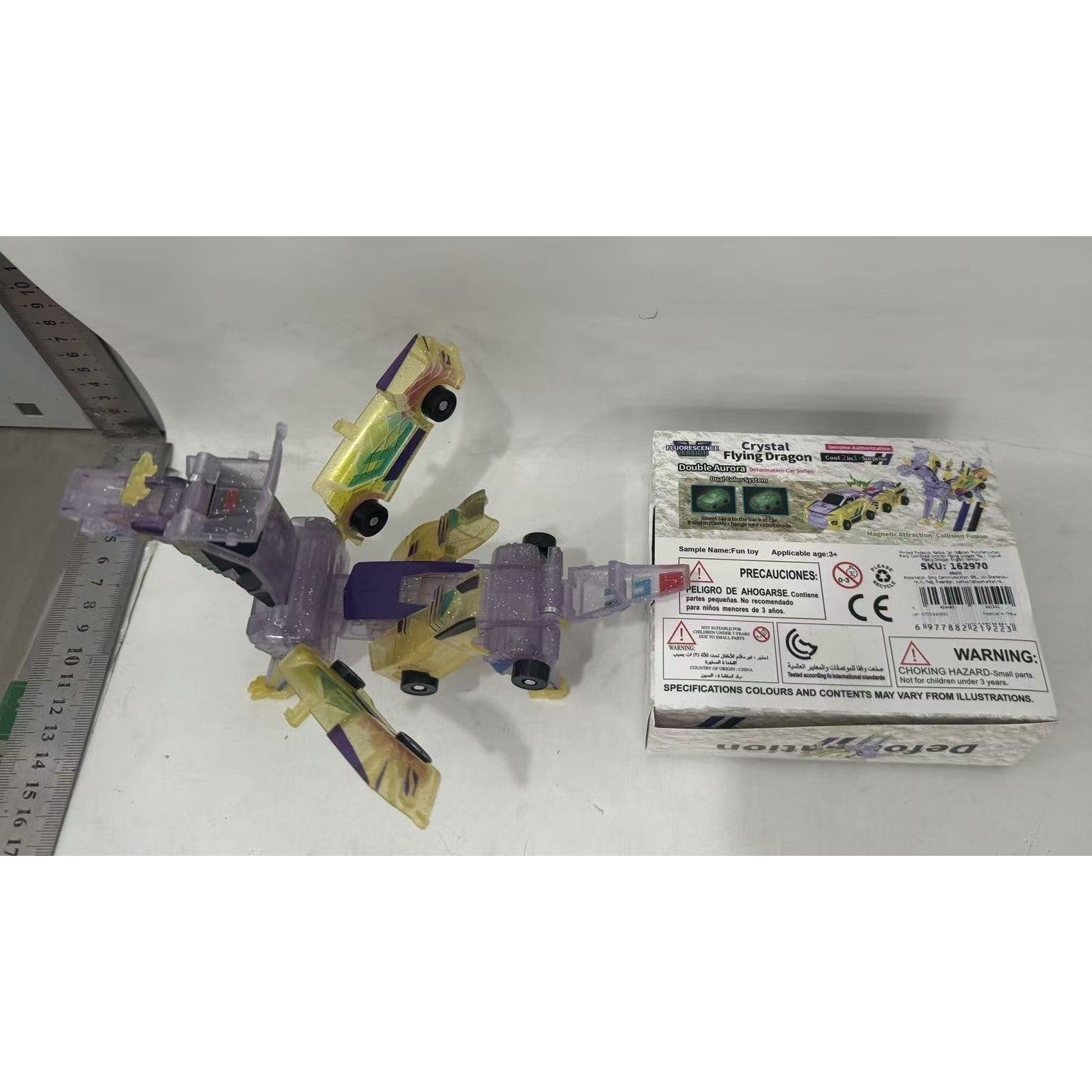Jucarie Transformabila 2in1, Flippy, Crystal Wing Flying Dragon, Masina/Dragon, Atractie Magnetica, Fluorescent, +3 Ani, din ABS, Multicolor